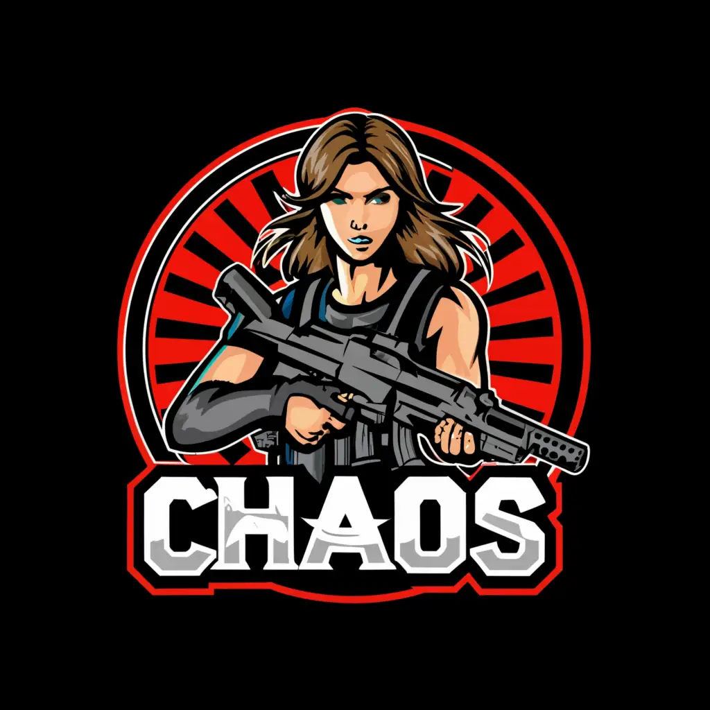 a logo design,with the text "Chaos", main symbol:Female Soldier with heavy machine gun,Moderate,clear background