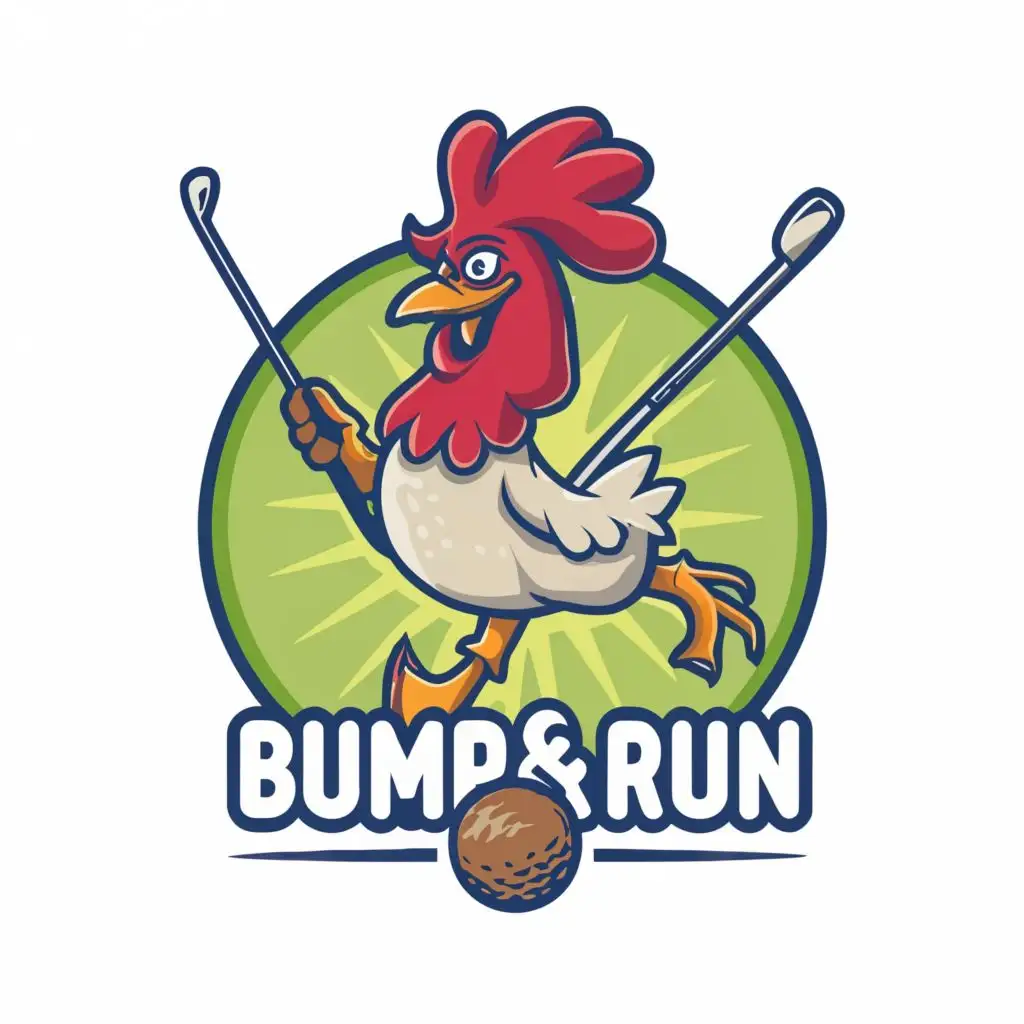 logo, funny cartoon rooster with two arms swinging golf club, with the text "Bump & Run", typography, be used in Sports Fitness industry