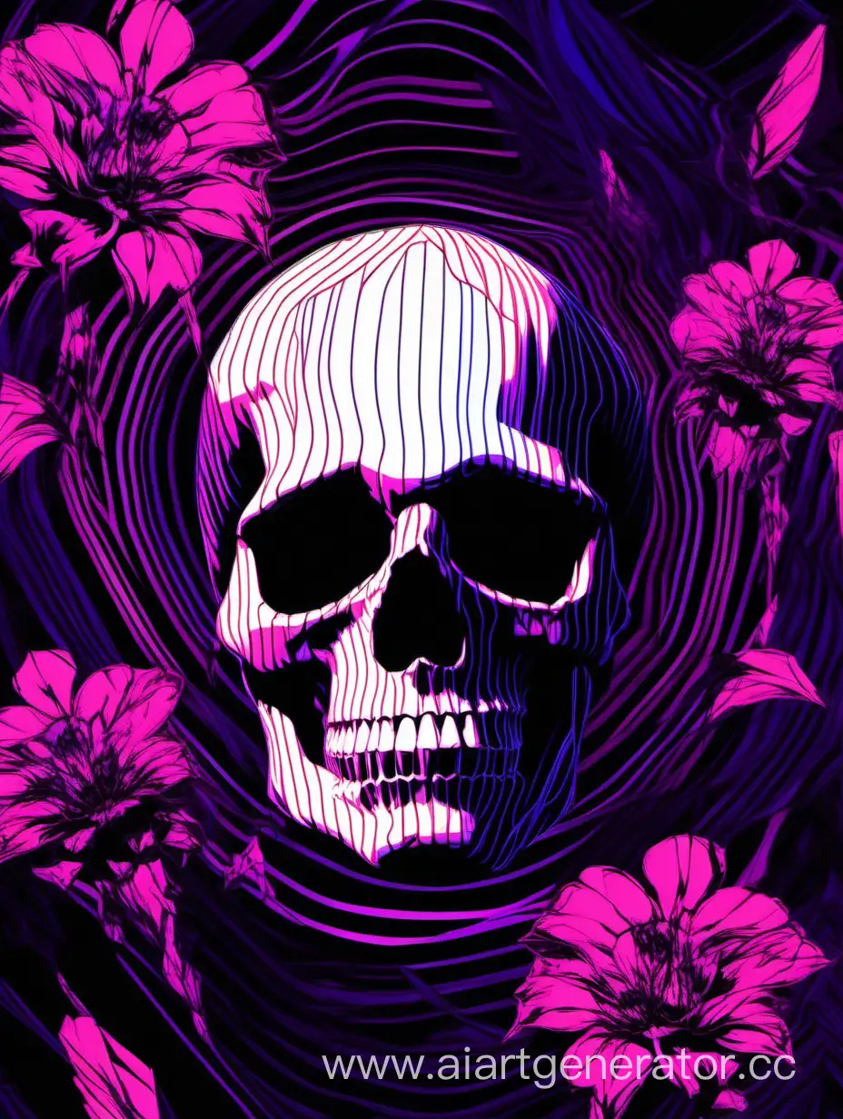 skull dead flowers pattern, high contrast, dark shadow, colorful glitch lines, distortion