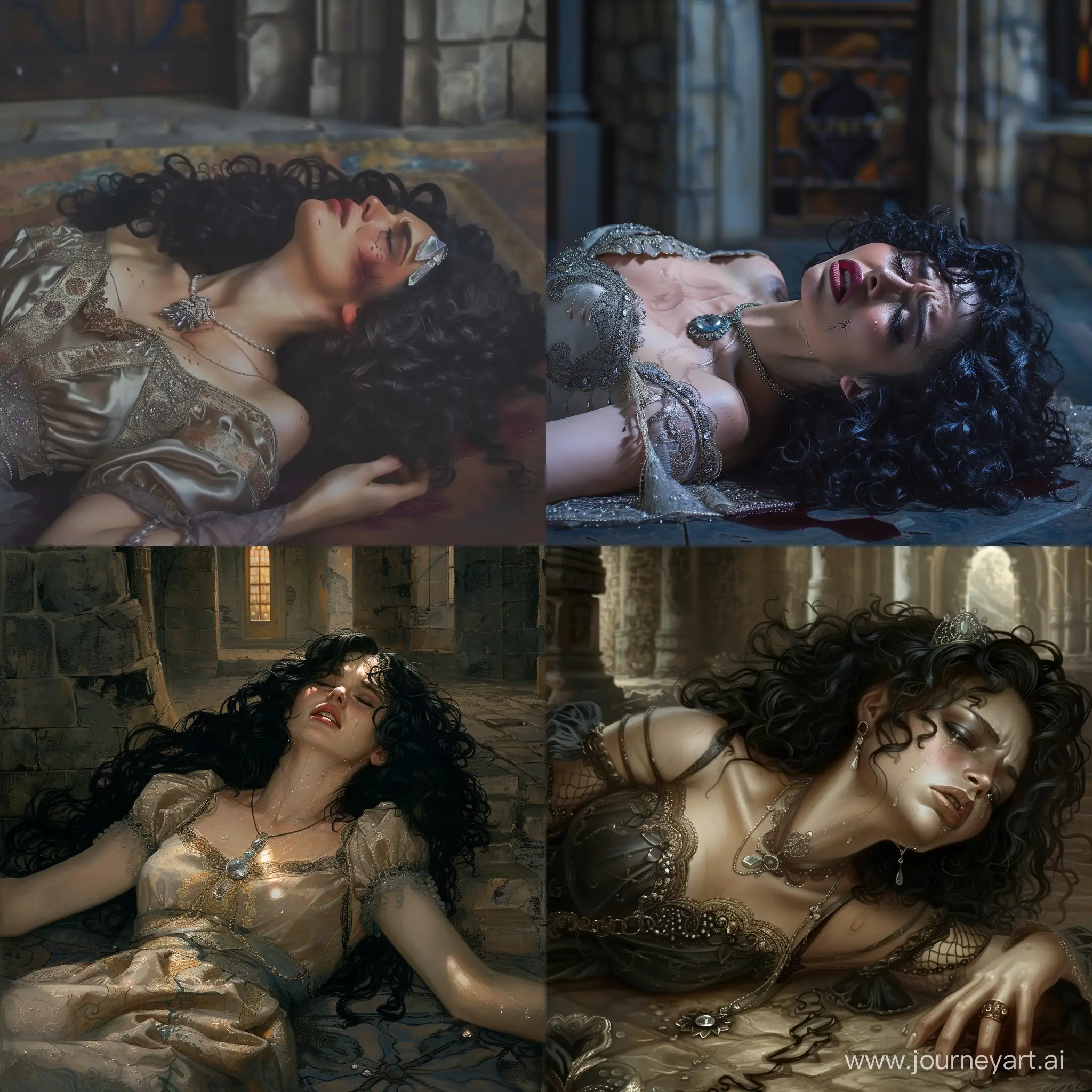 a tormented woman with black curls in a beautiful dress lies on the ground, a crystal pendant around her neck, a castle chamber, crying, fantasy, darkness