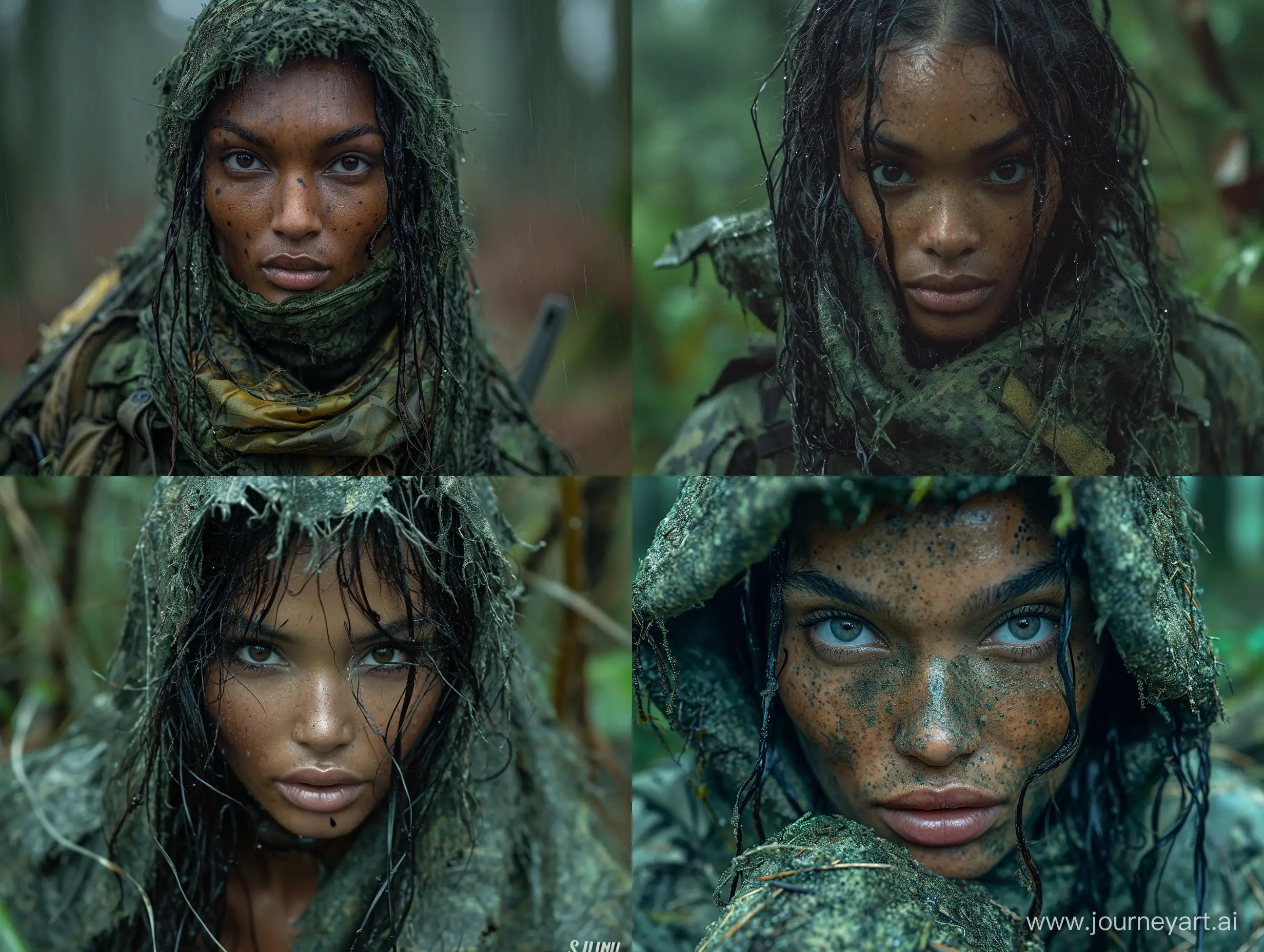 beautiful mulatto female mercenary S. in green ghillie suit dead trees dark forest --s 900 --style raw --v 6