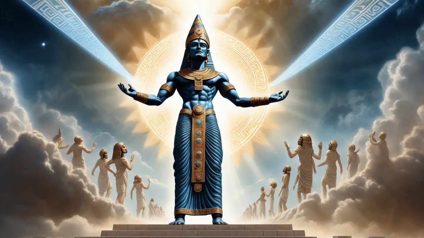 8k vivid illustration of Anunnaki god Anki descending from the sky, radiating celestial light, one hand reaching towards the heavens, humans on the ground gazing up in awe, detailed expressions of reverence, clouds parting to reveal Anki's arrival, inspired by classical depictions of divine beings and religious awe
