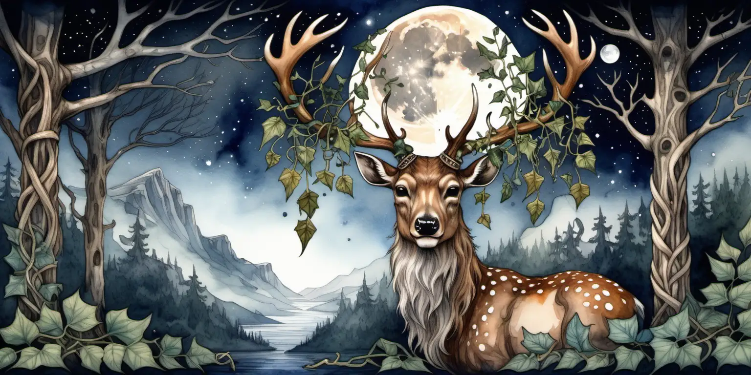 a water colour painting deer head with antlers, ivy vine is hanging off the antlers,  viking symbols are on the forehead of the deer head  .Feathers are hanging in the ancient tree behind  , a night sky with a full moon 
