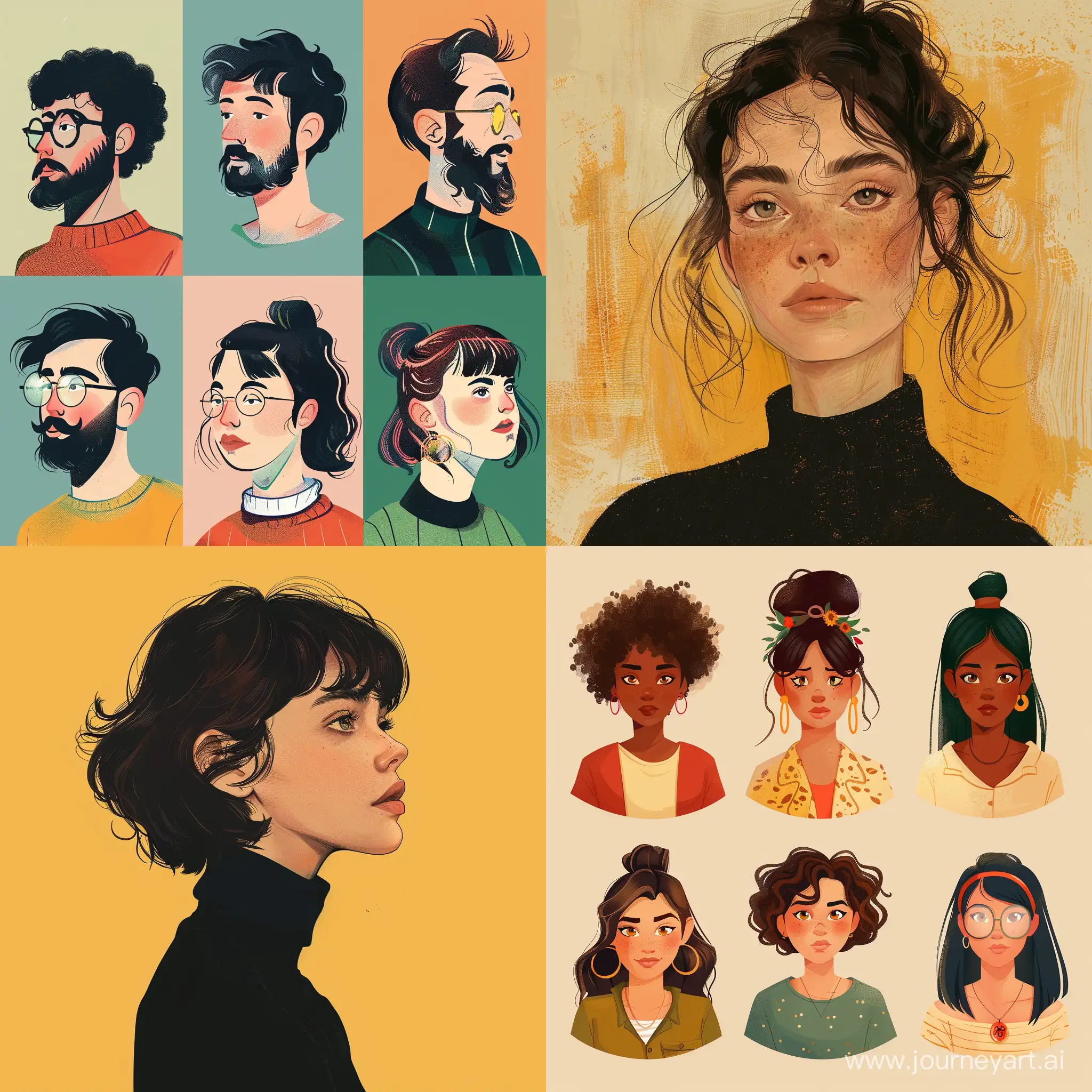 Six-Diverse-Portrait-Illustrations-Varied-Expressions-and-Styles