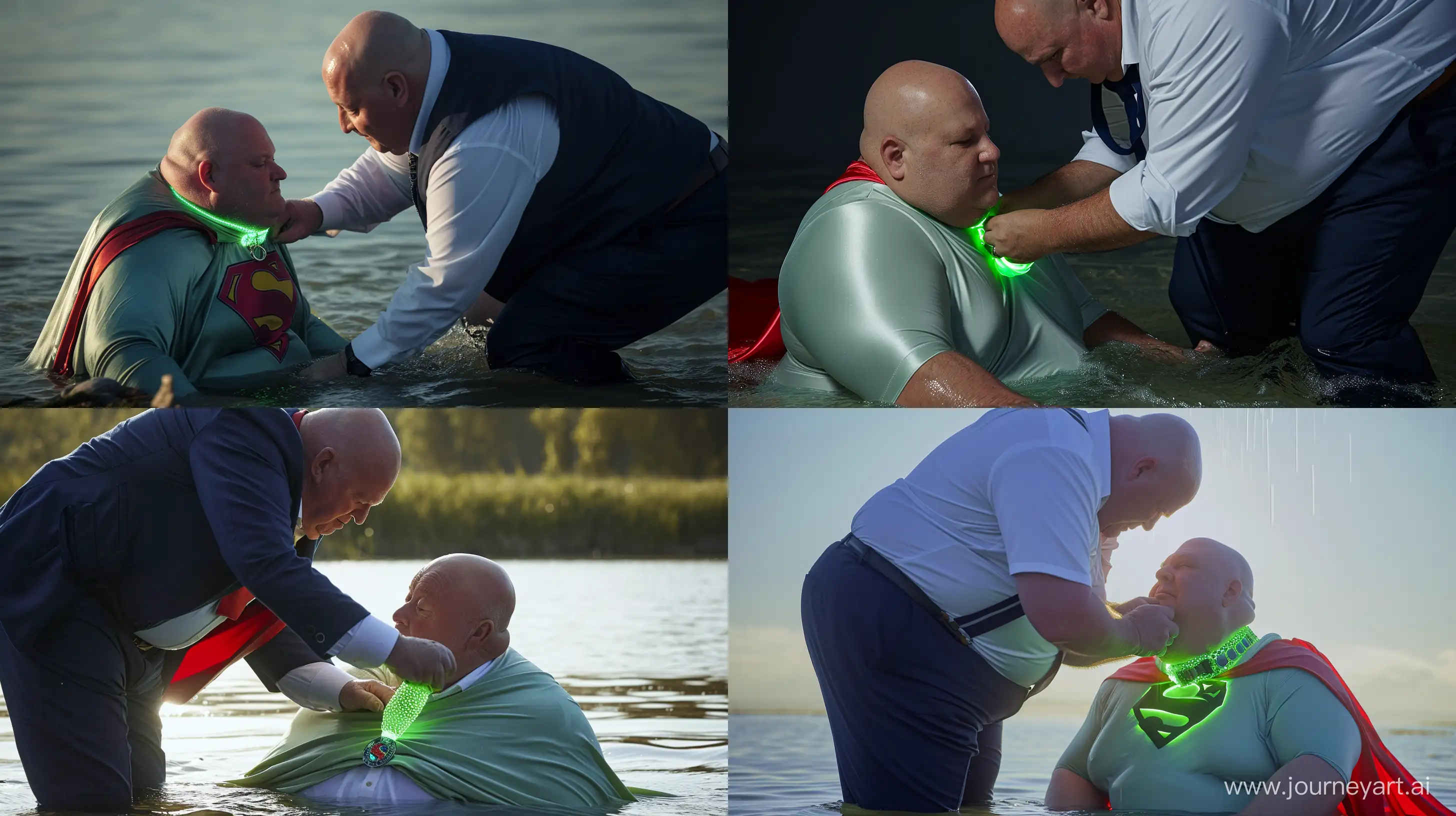 Close-up photo of a chubby man aged 60 wearing a navy business pants and a white shirt, bending over and tightening a green glowing small short dog collar on the neck of another chubby man aged 60 sitting in the water and wearing a silky light green superman costume with a large red cape. Outside. Bald. Clean Shaven. --style raw --ar 16:9 --v 6
