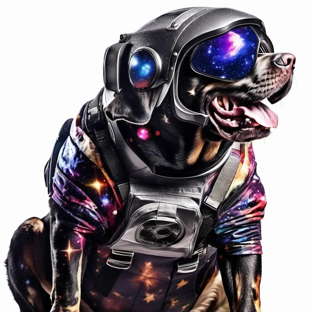Labrador retriever mastiff mixed::4, dog sitting::3, super 3d::2, extreme psychedelic::3, in outer space::3, space suit::6, space helmet::3 lots of stars::3, lots of galaxies::2, space backdrop::3