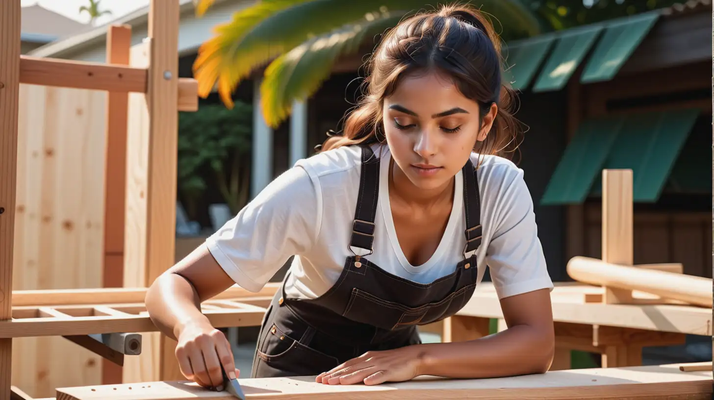 Young latina (dark complexion) carpenter working at her outside  workstation