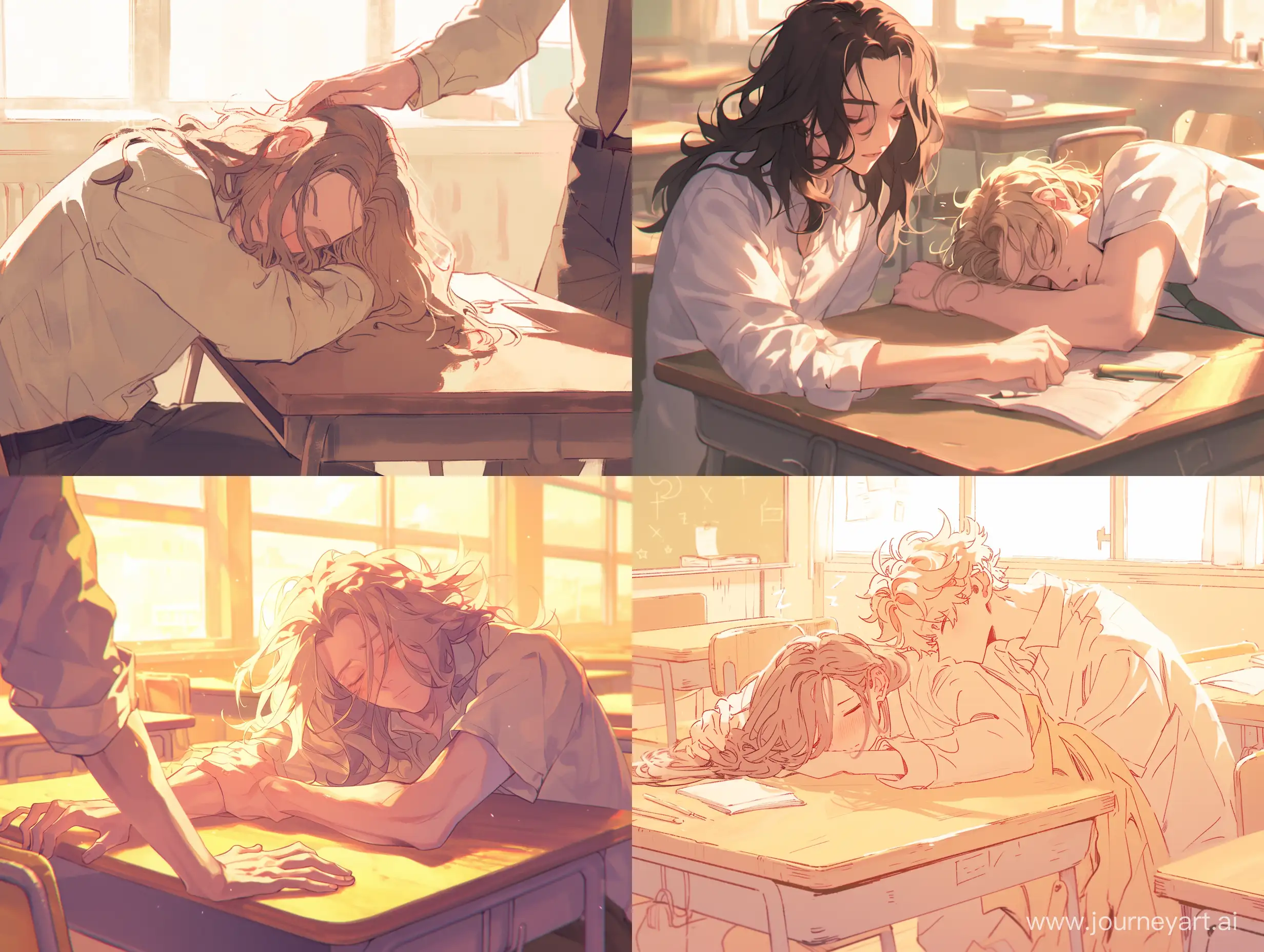 Michel with long hair sleeps on a table in a class, Beside Michel is nick, nick shakes Michel to wake him up , motion line, best quality --niji 6
