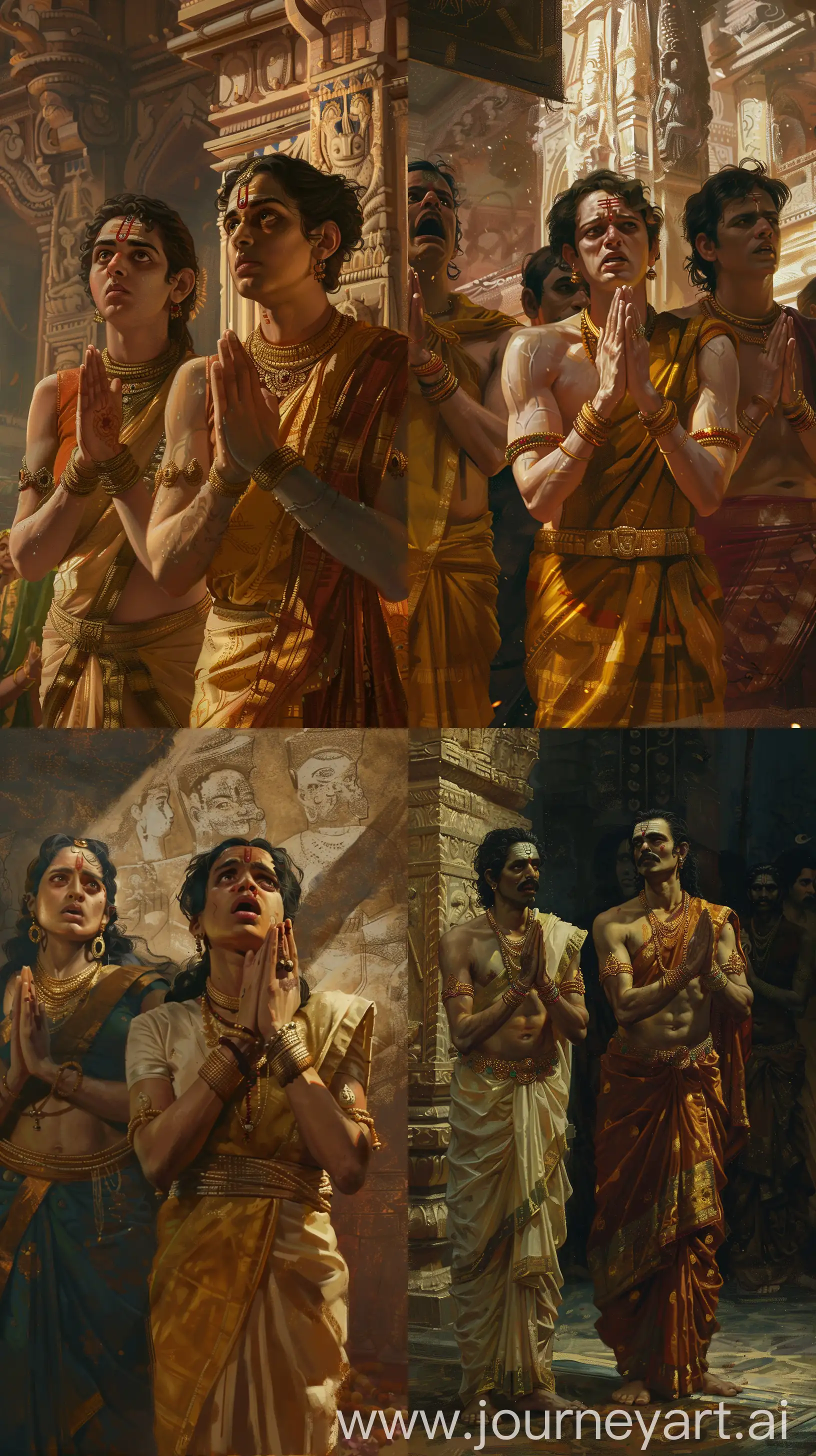 Raj Ravi Varma art style depiction of Indian deities in their thirties, standing with their hands joined and worried looks, intricate details, 8k quality --ar 9:16 --v 6