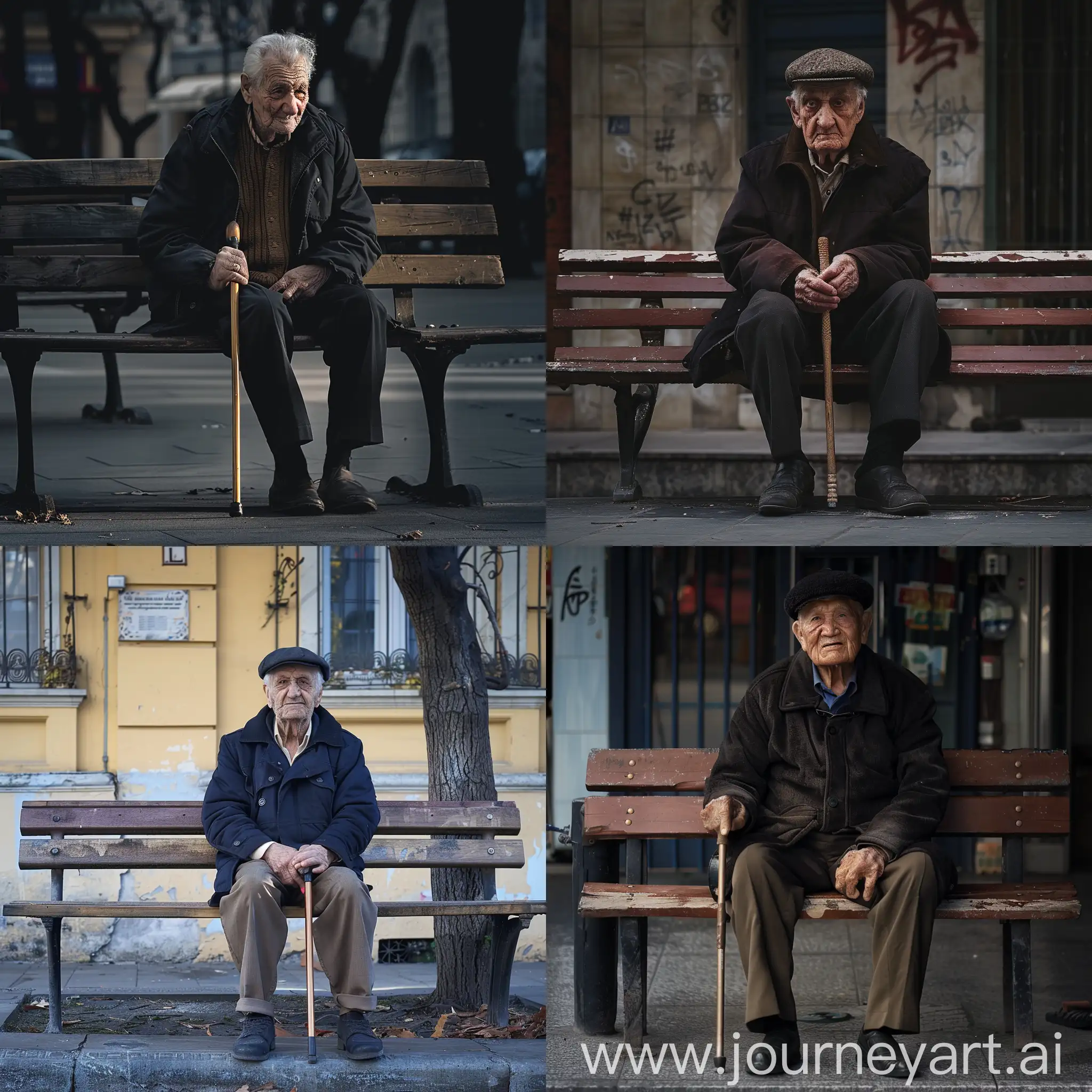 A photo of an old man sitting on a bench, holding a cane