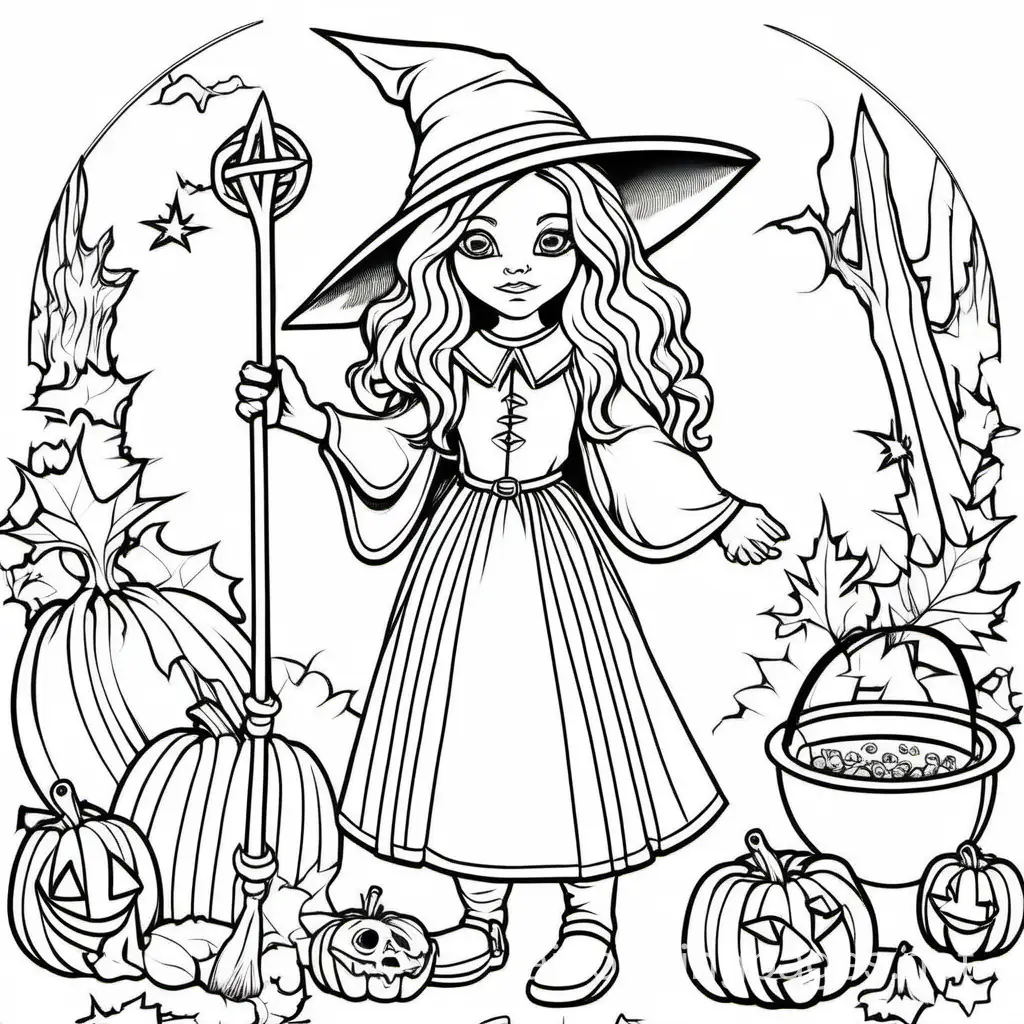 Witchcraft, Coloring Page, black and white, line art, white background, Simplicity, Ample White Space. The background of the coloring page is plain white to make it easy for young children to color within the lines. The outlines of all the subjects are easy to distinguish, making it simple for kids to color without too much difficulty