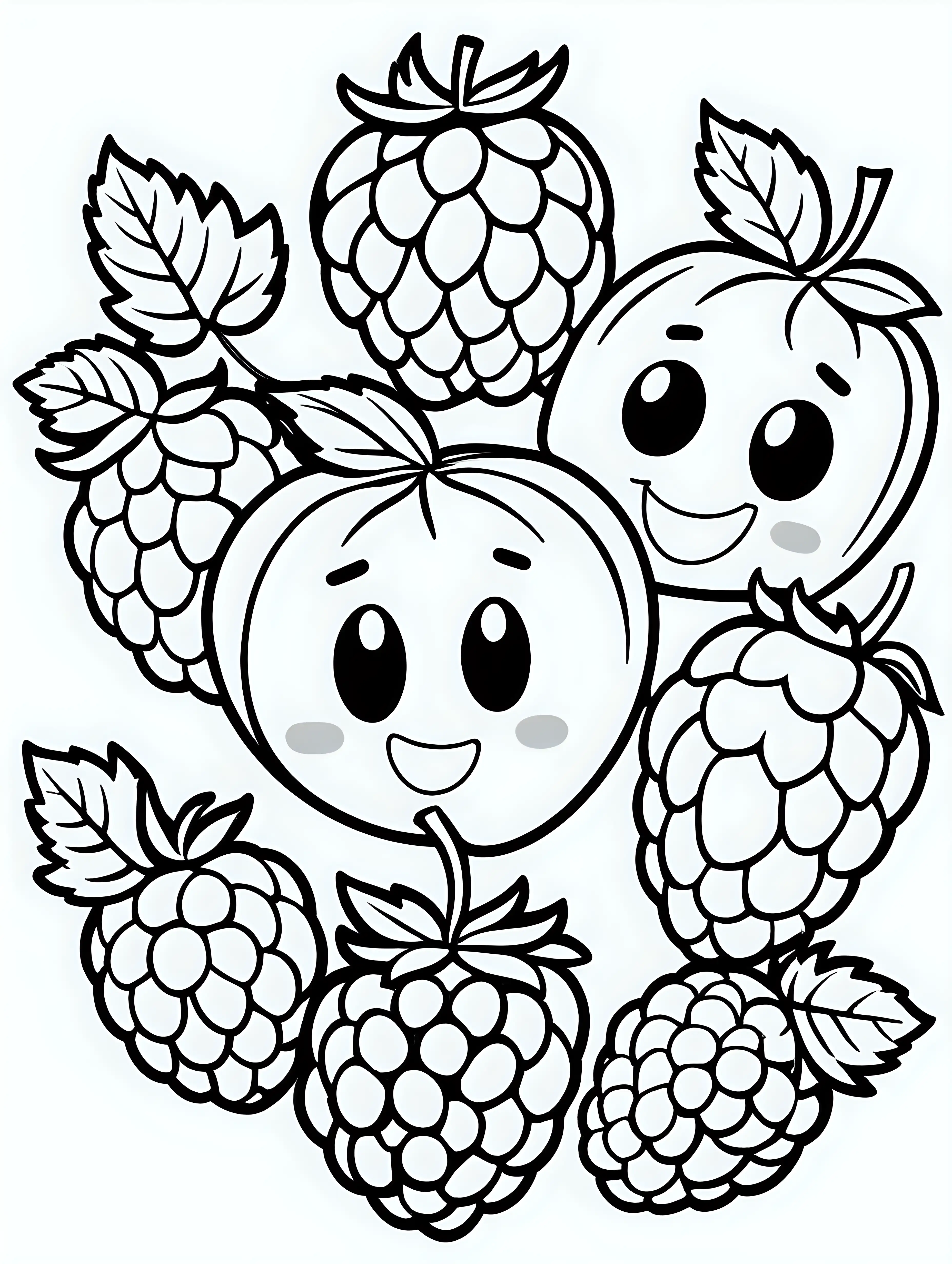 coloring book, cartoon drawing, clean black and white, single line, white background, cute large raspberries, emojis