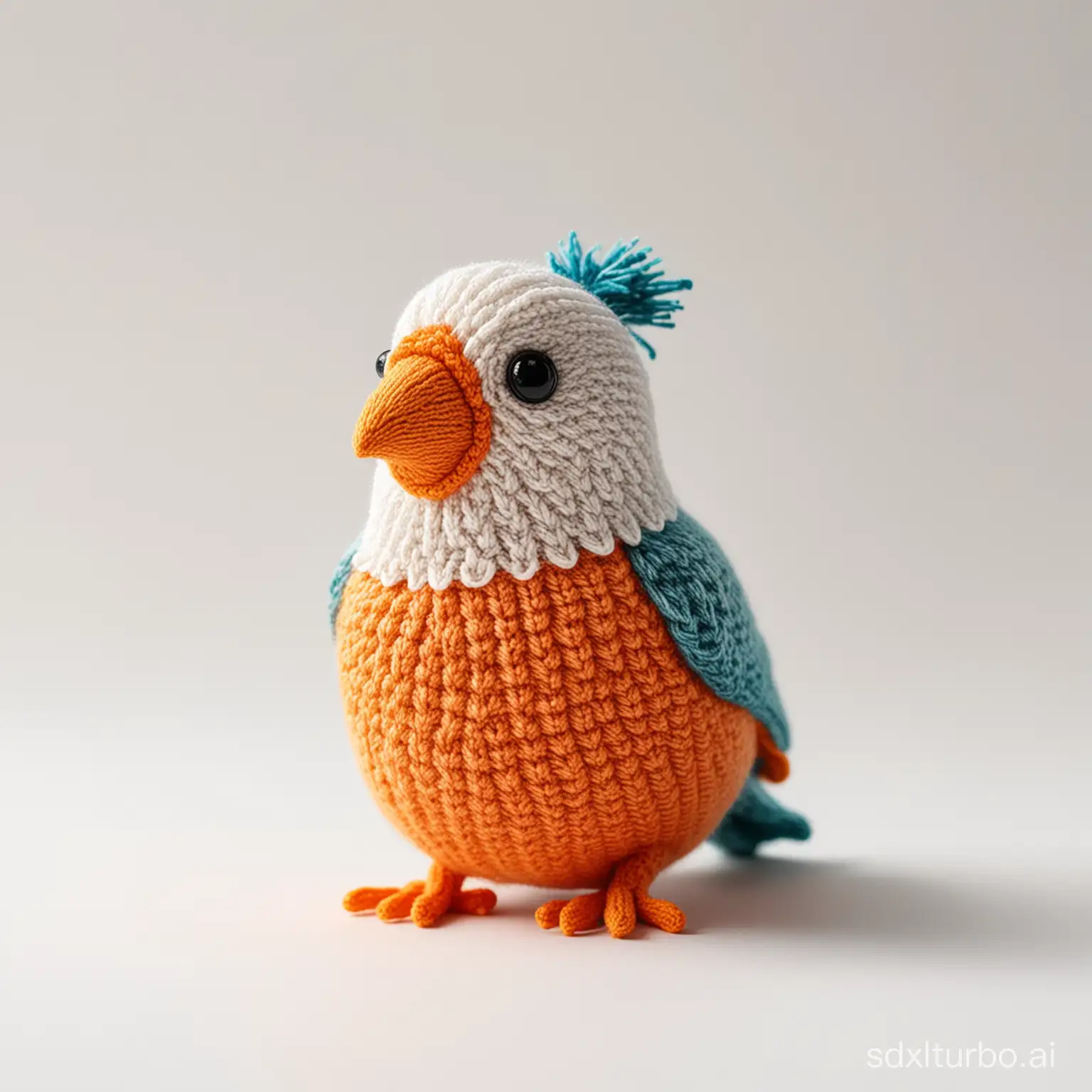 cute realistic knitted Bird, on a white background, in the style of product photography, knit art, colorful design