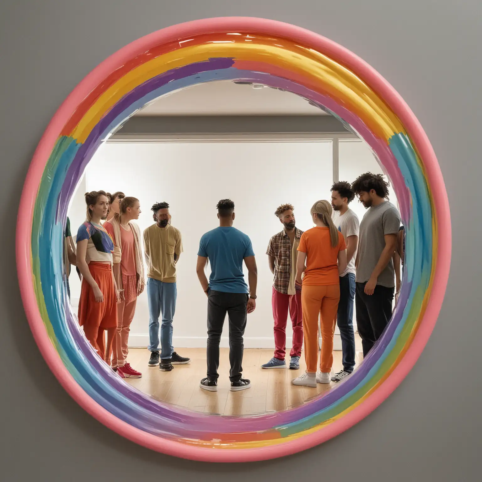 Diverse Group Admiring Rainbow Framed Mirror Reflections