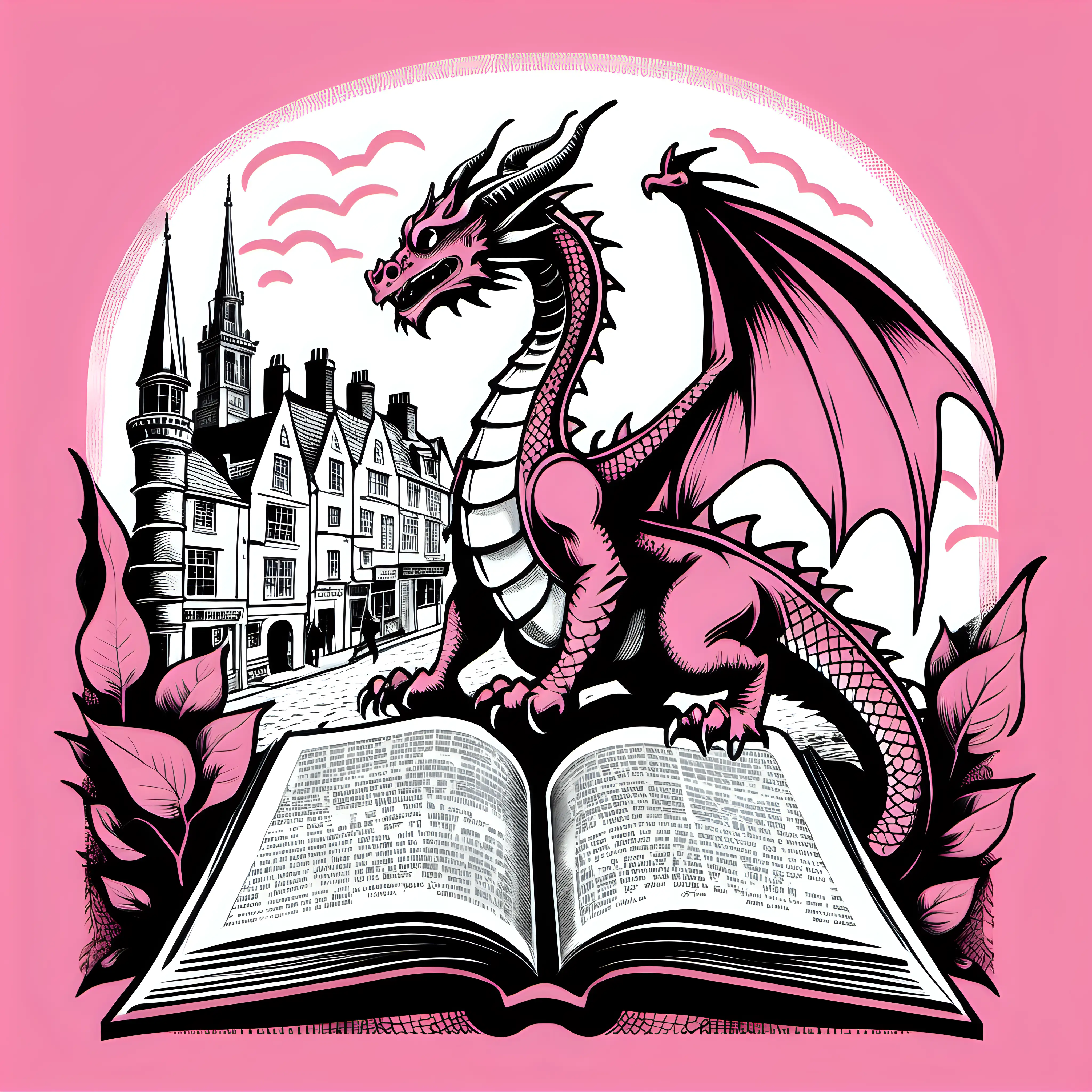 dragon, screen print design, reading books, hand drawn, pink, black, white, old English town, transparent background, May Street