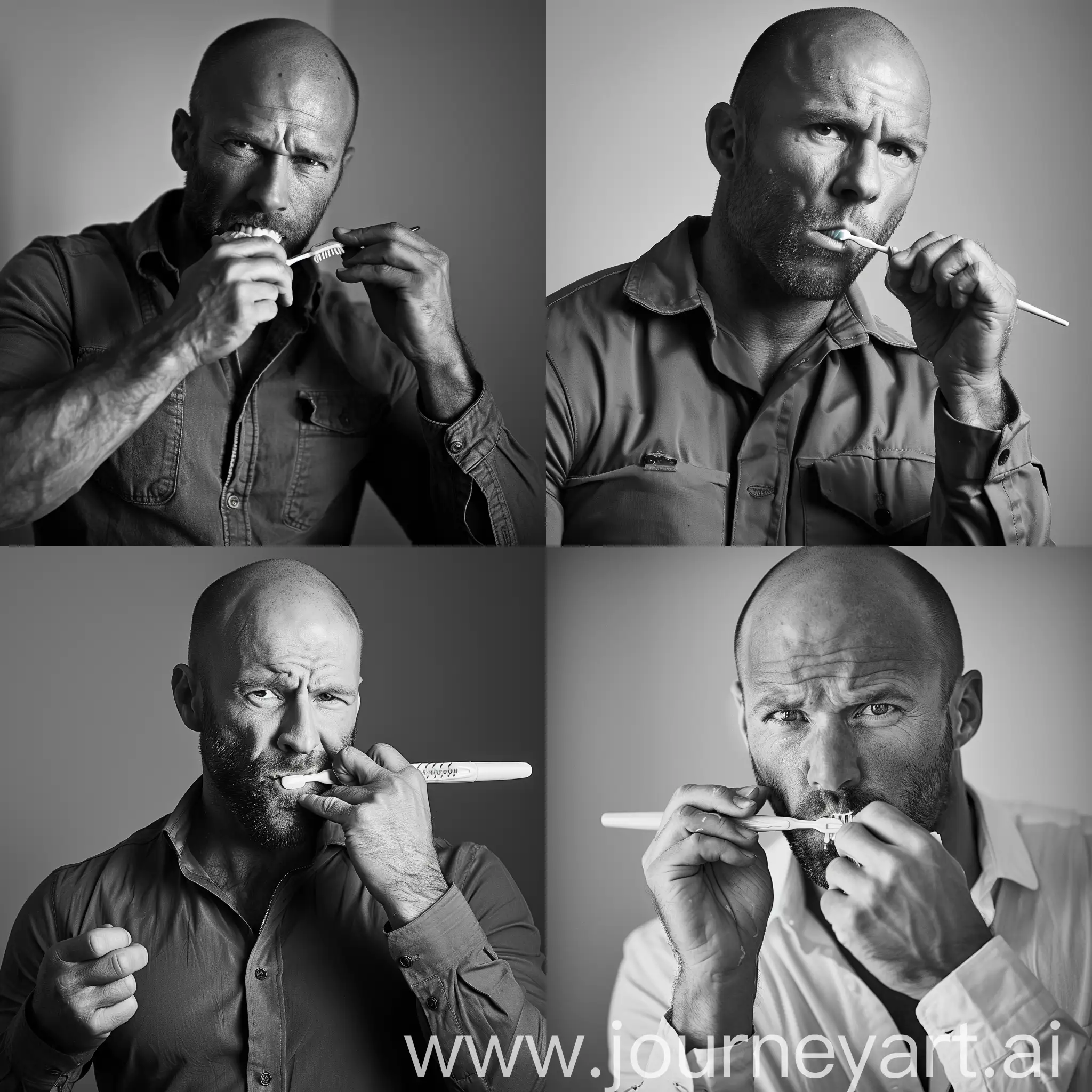 Jason Statham brushing his teeth, stylish black and white photo, light uniform background