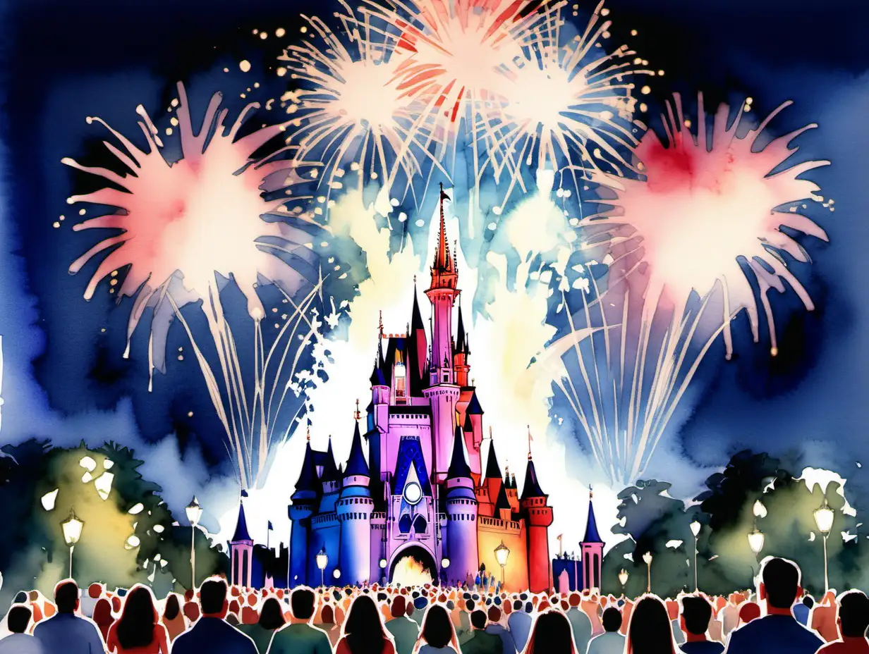 Walt Disney World Castle Illuminated by Fireworks in Watercolor Style