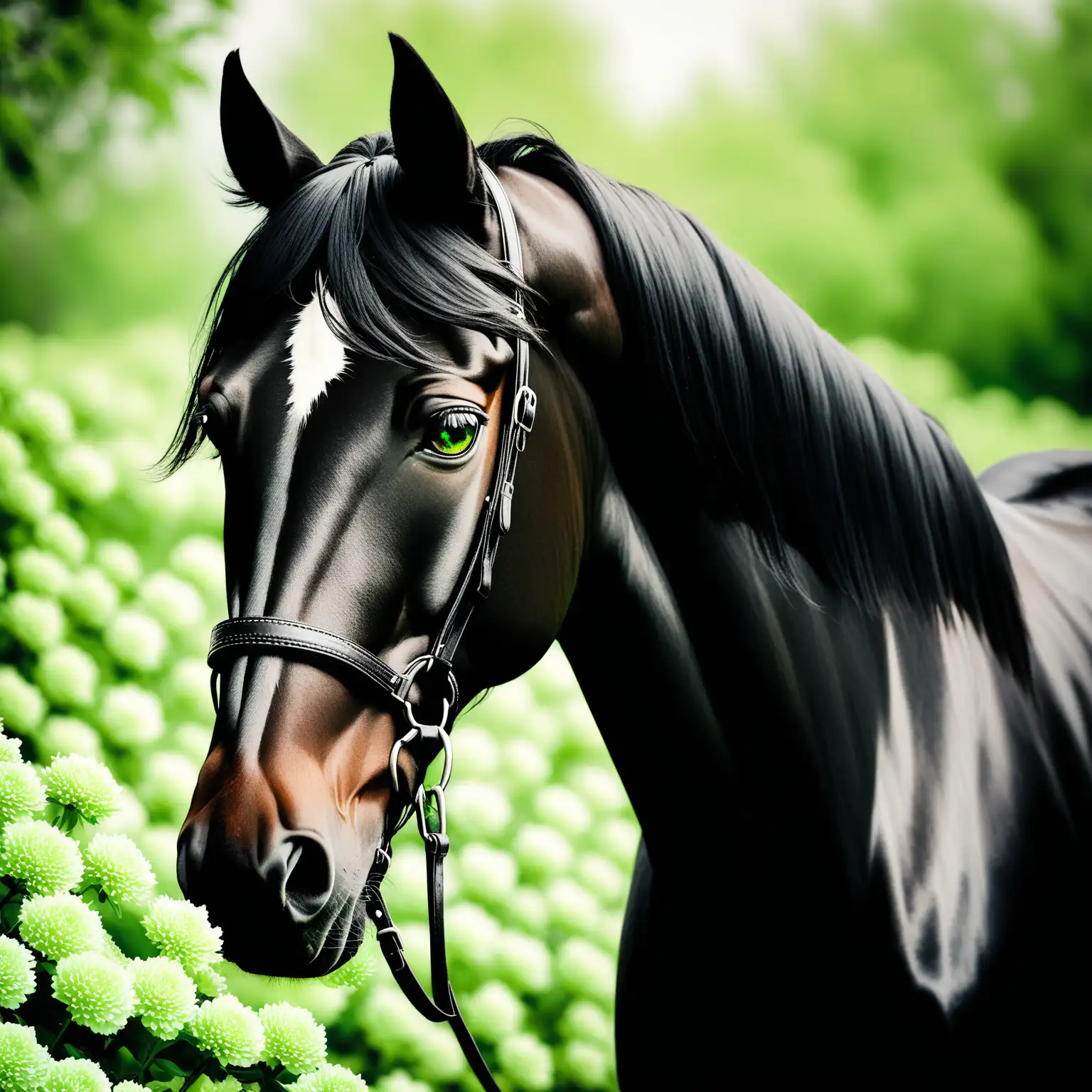 CloseUp Black Horse with Green Eyes Amidst Green Flowers Black and White Photography