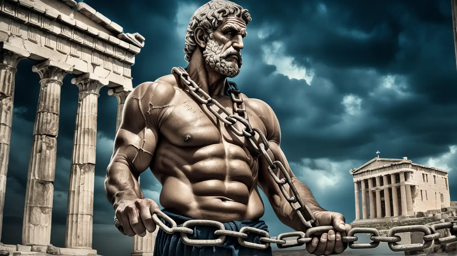 "Create an evocative image featuring an old, muscular man bound with heavy chains, holding an ancient Greek currency. The backdrop should include damaged ancient historic buildings against a darken blue cloudy sky. Capture the essence of time, strength, and historical decay in this thought-provoking scene."