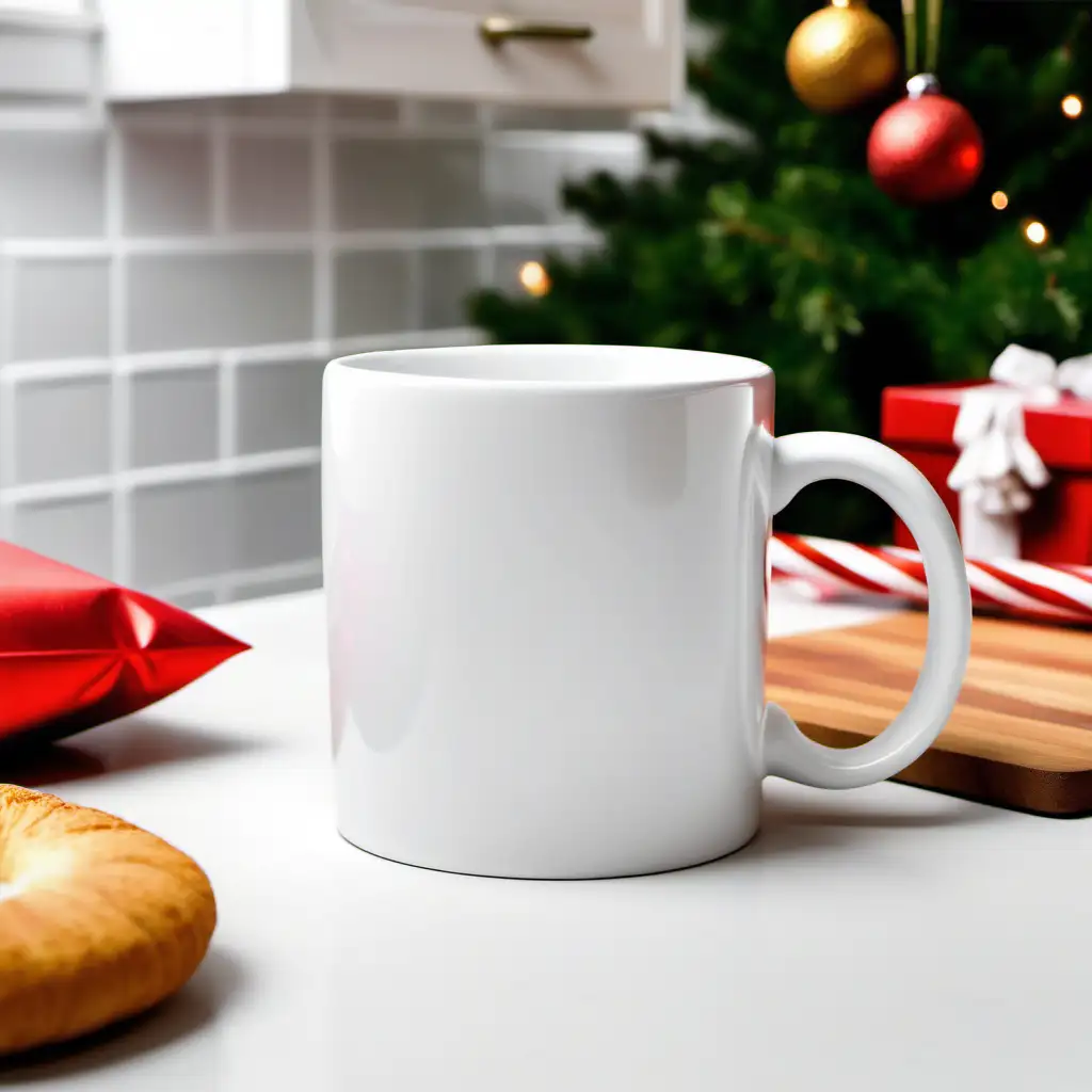 Produce a mockup of a plain white 11oz ceramic mug on a white kitchen table, flat lay, colorful , christmas theme,kitchen background , The image should highlight and zoom focus on the mug ,under soft, ambient lighting, emphasizing its sleek, design-free appearance.
The mug must not have any type of design, plain white.

