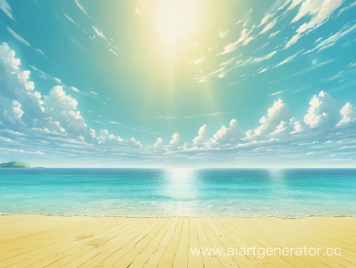 Serene-Anime-Seascape-Tranquil-Horizon-Overlooking-Aquamarine-Waters-from-a-Golden-Beach