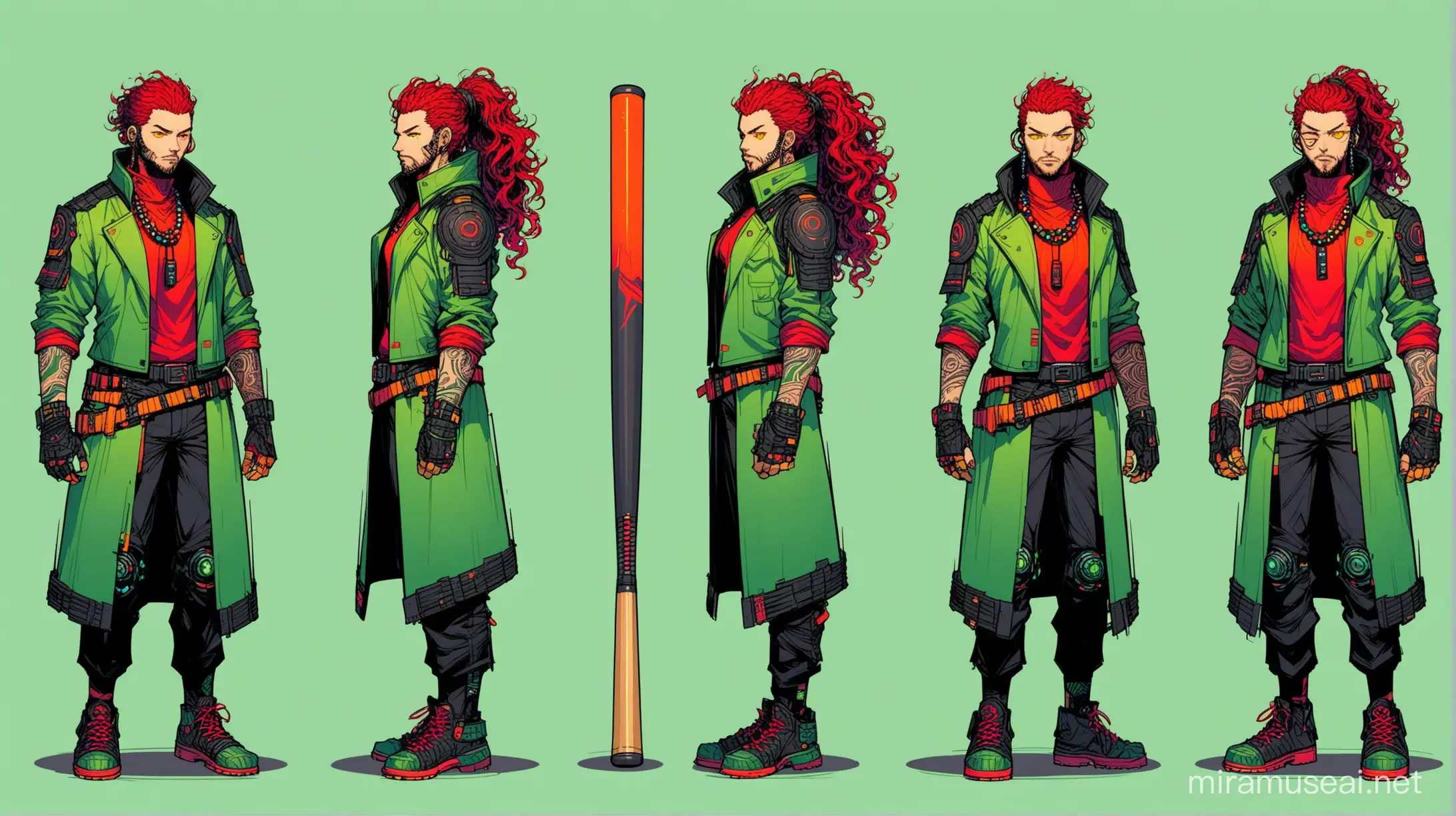 Concept art, sage details, group of characters, tailored jacket with many facets, with belt inserts, with armor elements, concept art, character variants, many details, baseball bat, sage background, granular style, full body, yellow eyes, jacket with belts and wool collar, cyberpunk, neck beads, red aura, man, greenish curly hair in a ponytail, intricate details.