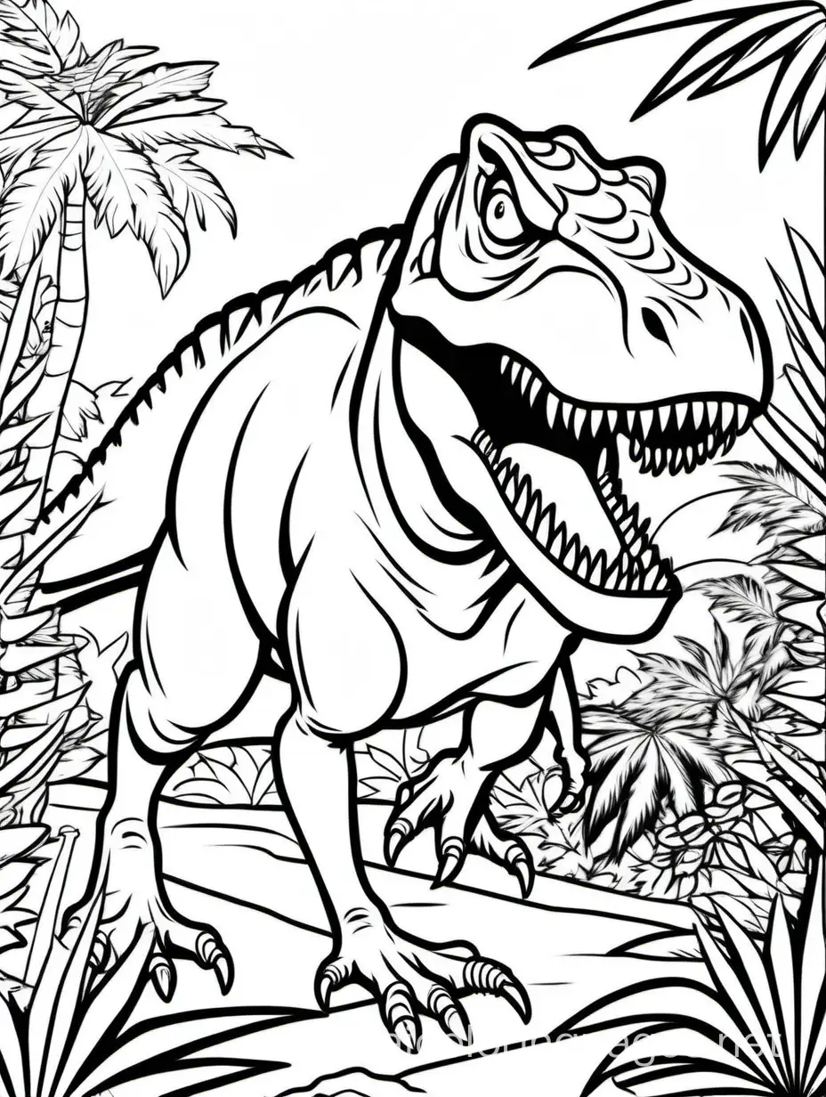 T-rex, Coloring Page, black and white, line art, white background, Simplicity, Ample White Space. The background of the coloring page is plain white to make it easy for young children to color within the lines. The outlines of all the subjects are easy to distinguish, making it simple for kids to color without too much difficulty