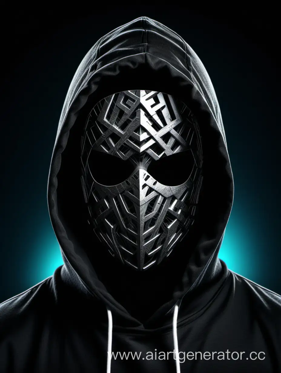 Сгенерируй картинку кодера в капюшоне и маске на фоне логотипа с текстом RASK