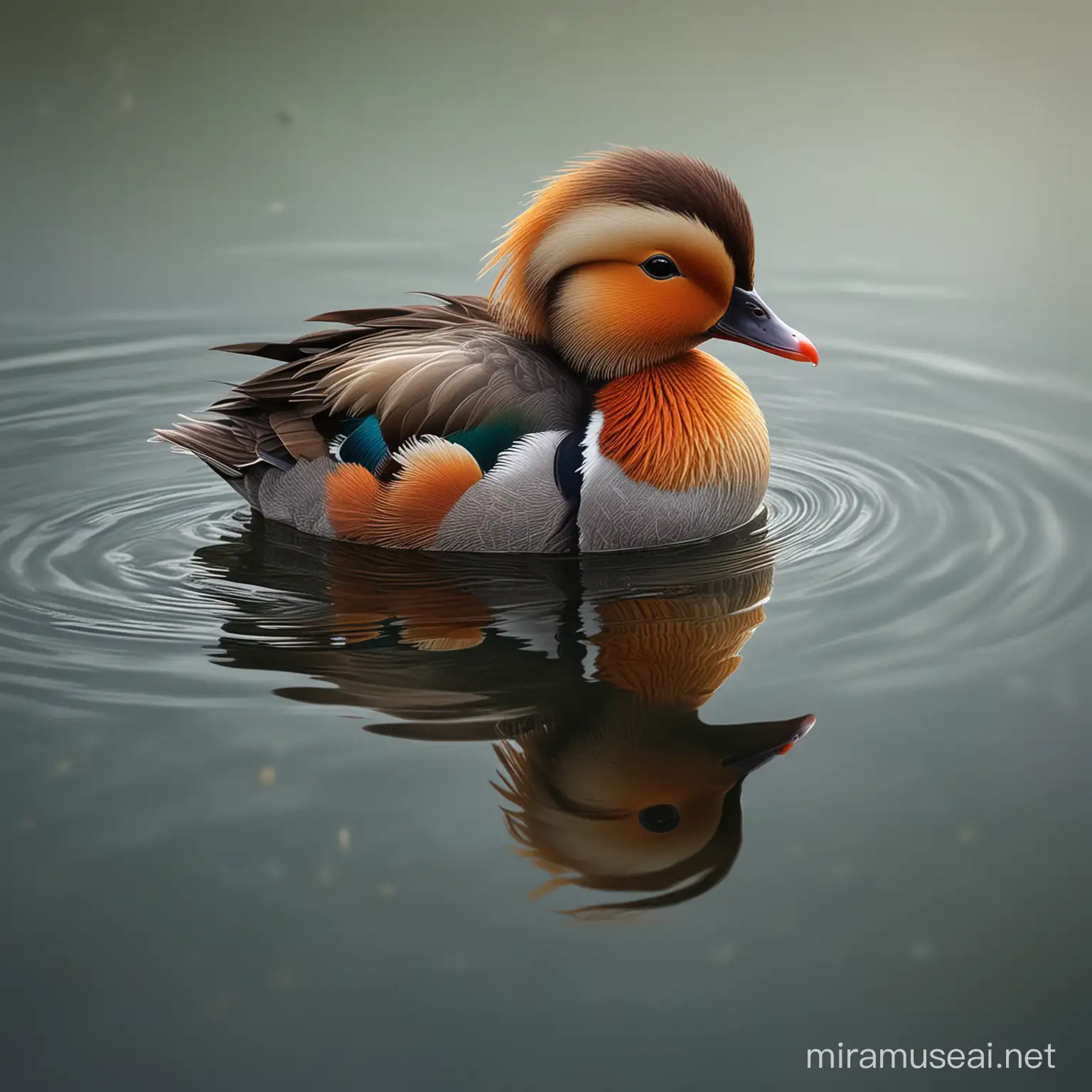 Created an ultra-photorealistic image that captures the essence of growth and potential. It portrays a mandarin duck chick looking into the water and seeing its reflection as an adult male mandarin duck in breeding plumage. This powerful visual metaphor represents one character at two different stages of life, all within a single reflection.