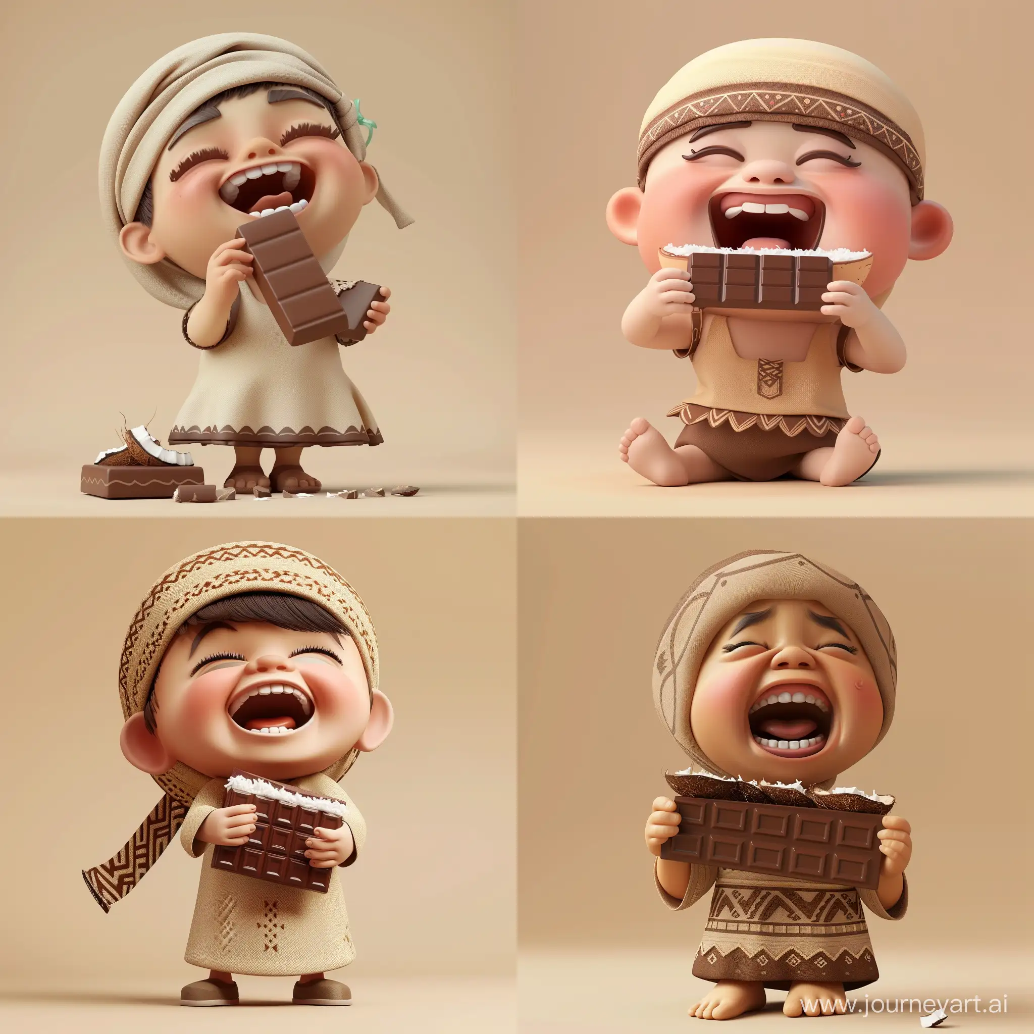 A Yemeni child wearing a cute Yemeni costume is eating chocolate and coconut candy and is very happy and laughing. The child’s cheeks are big, the background is beige, the candy is rectangular in shape, 3D animation style.

