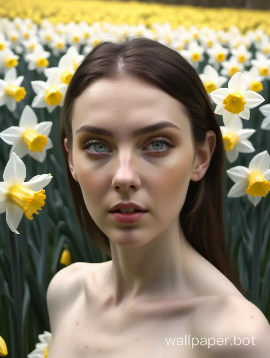 wide shot of a Welsh model. glowing skin. hyper realistic, focus on the eyes and flowers. surrounded by  a mass of white and yellow daffodils, surreal nature --c100 --s 80 --w 35