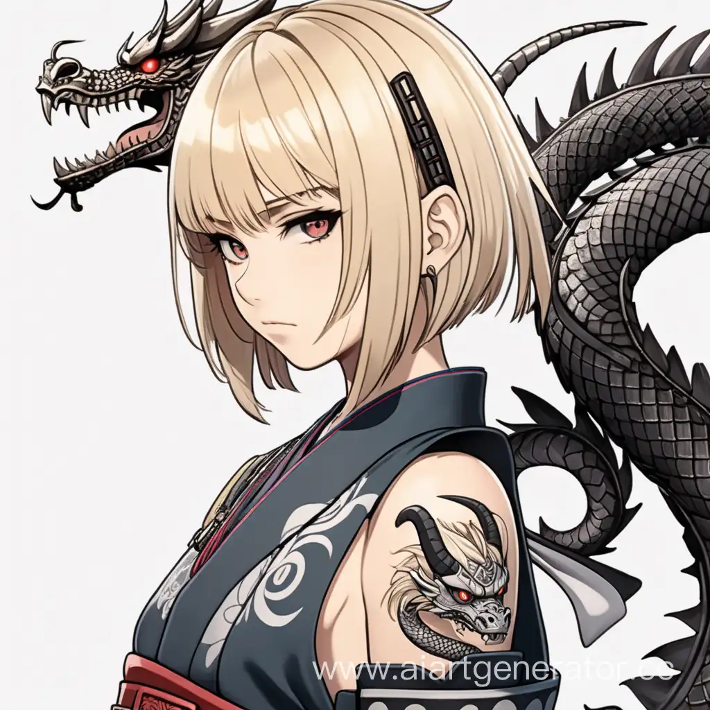 Красивая низкая аниме девушка с чёрными глазами, волосы в виде блонд каре в самурайских доспехах, на руке тату в виде дракона