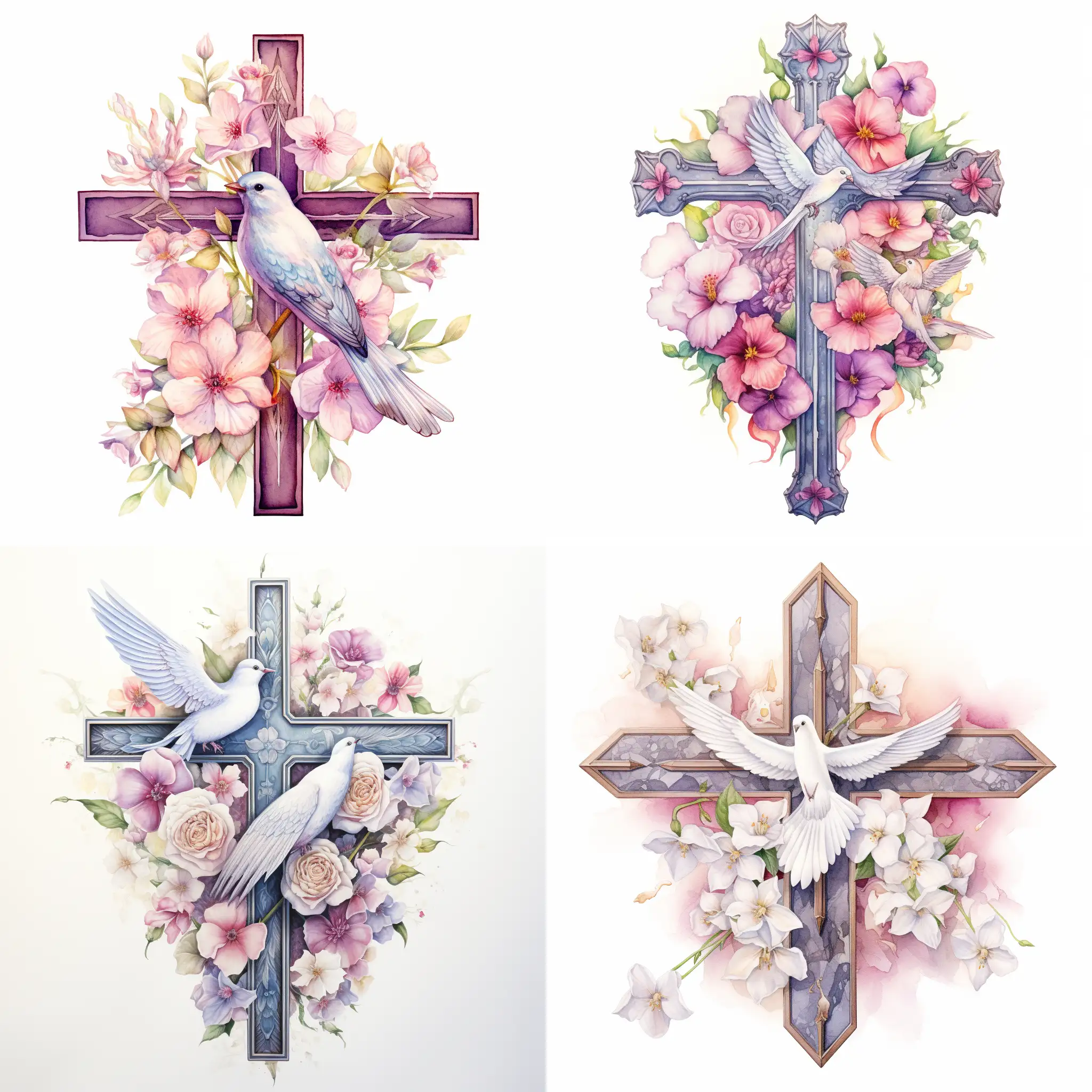 Fantasy art watercolor floral cross with a dove