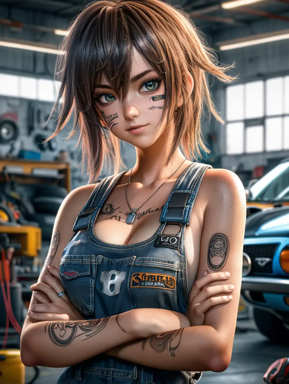 (cinematic lighting), In the gritty world of a automotive garage, an anime girl mechanic defies stereotypes with her unique beauty, wear a tank top, perfect breast, symmetrical face, Smudges of grease adorn her hands and face, a testament to her hands on expertise on car repairing, Vibrant but messy hair and her eyes gleam with a blend of determination and passion for all things automotive, full body photo, angle from below, intricate details, detailed face, detailed eyes, hyper realistic photography,--v 5, unreal engine