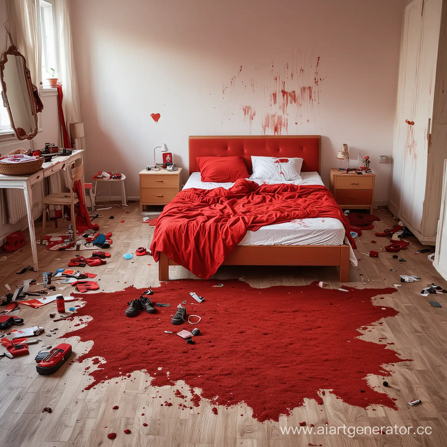 Не убранная спальня
На полу в спальне обведен силует девушки красным цветом
В спальне работают спецслужбы