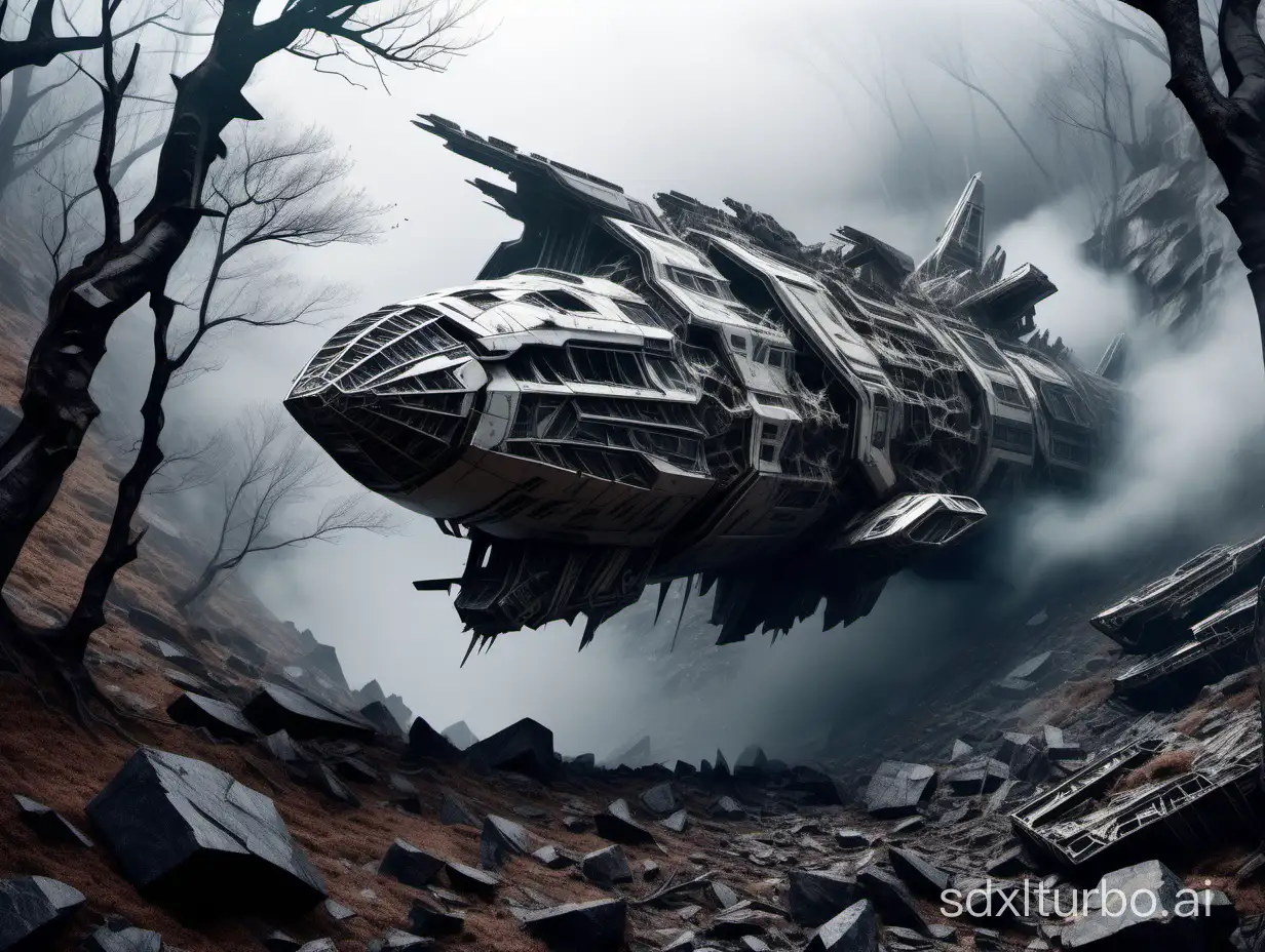 a massive broken spaceship crashed into the side of a desolate mountain, high tech weathered hull and cracked stones, the trees piercing the mist, elaborate technology scattered on the ground