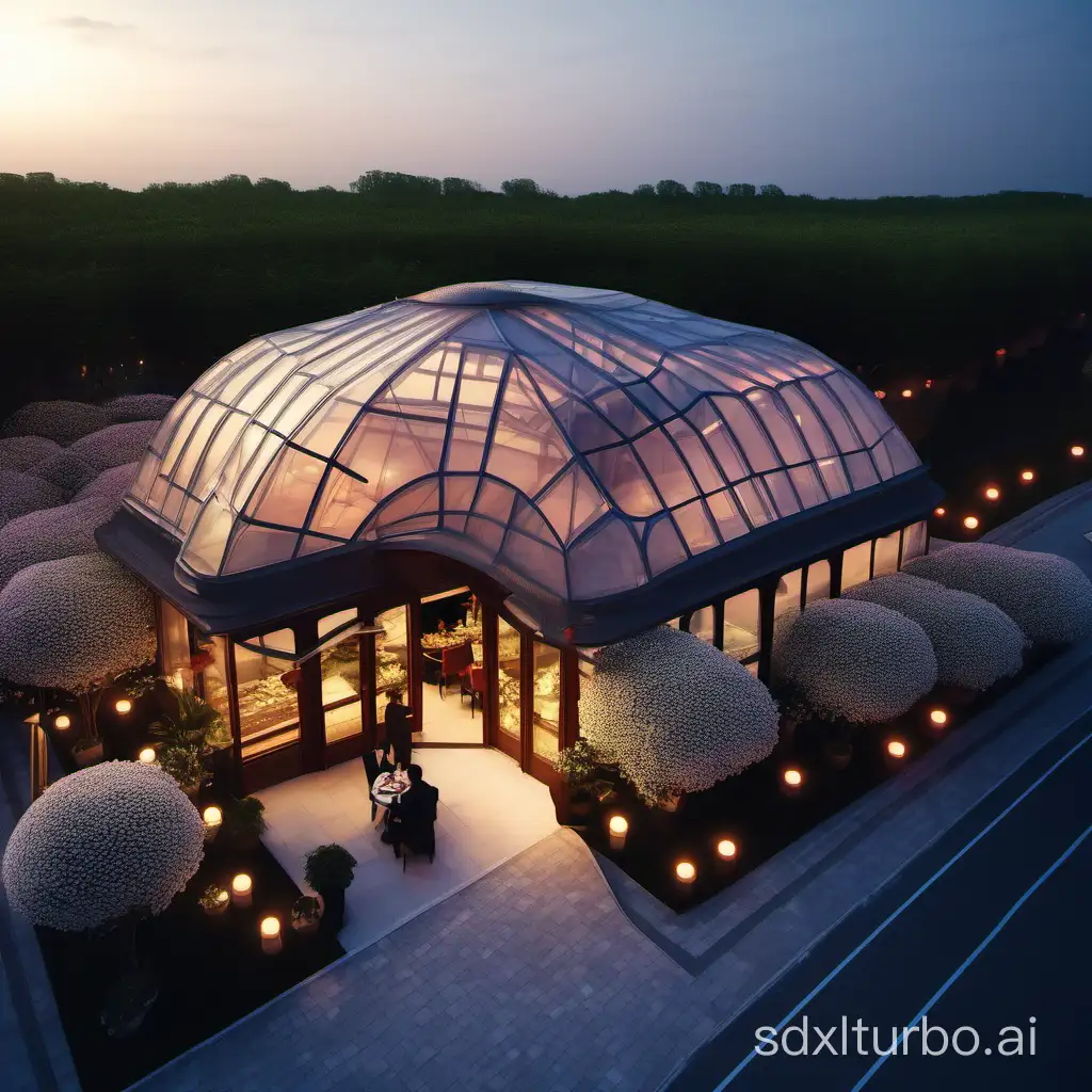 Flower House Restaurant, exterior architecture, evening, light, cozy, technological, travel, aerial view