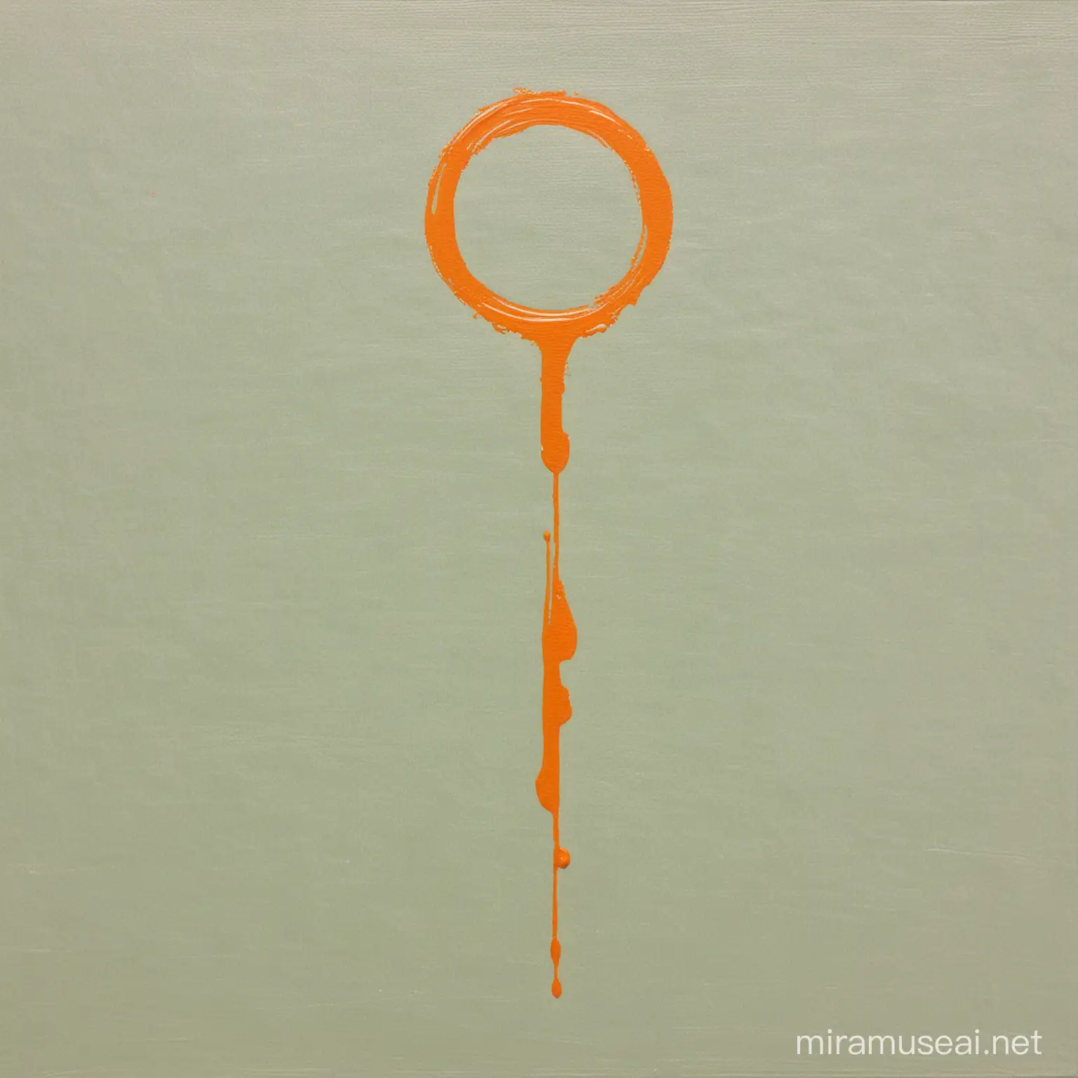 just a paint brush's line . vertical and  in pastel Greene . only one vertical 
line maybe a second one, on a canvas. with one orange circle drop

