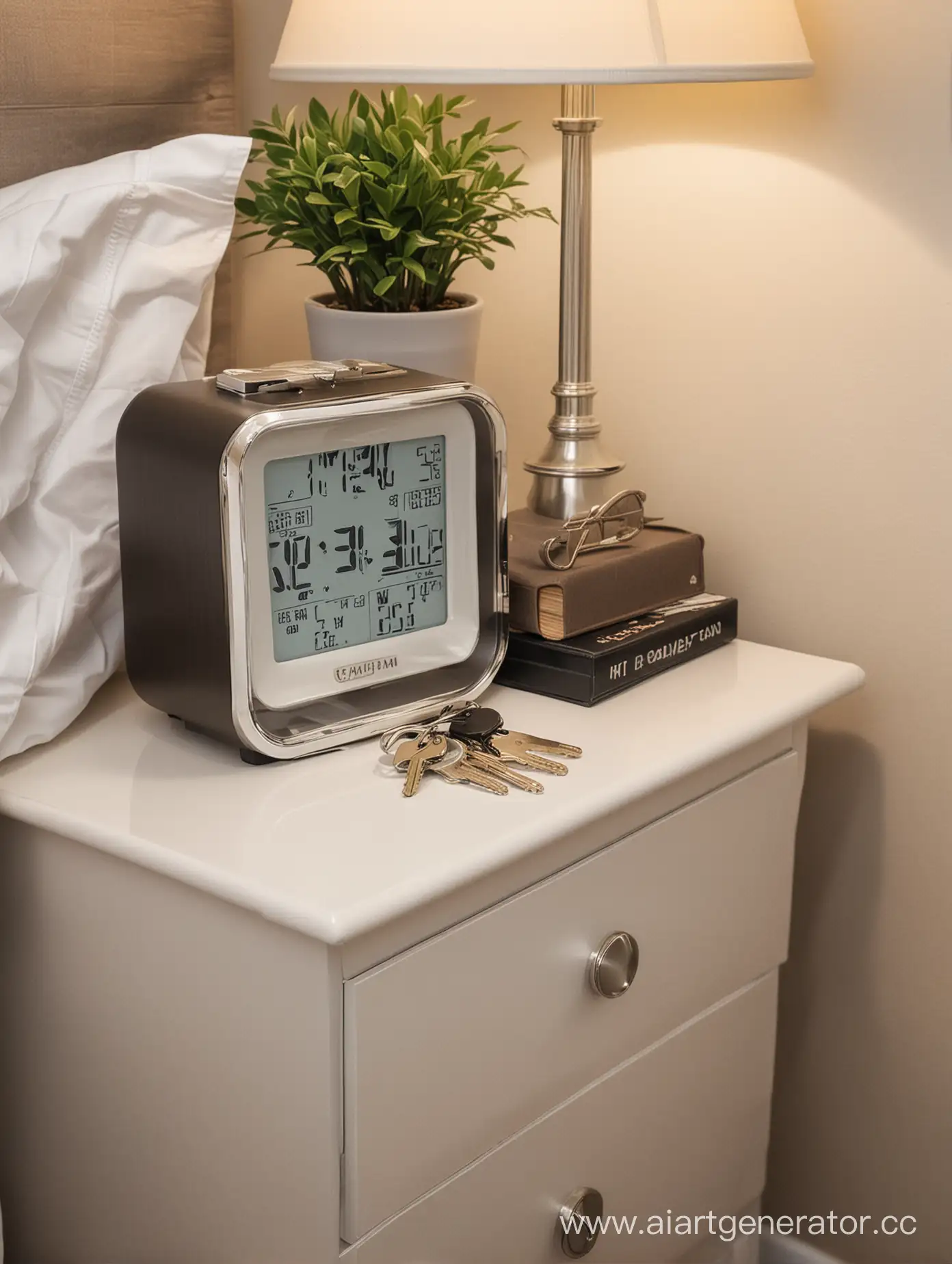 Nightstand-with-Electronic-Alarm-Clock-and-Keys-Organized-Bedroom-Essentials