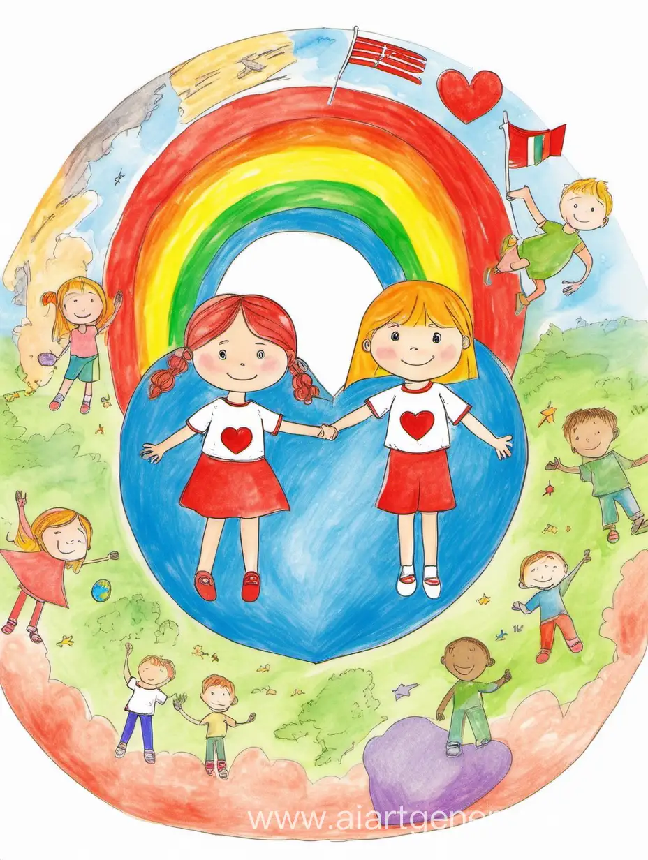 детский рисунок, девочка и мальч ик на радуге у девочки в руке флаг беларуси у мальчик флаг россии и сзади в ввиде сердца планета земля