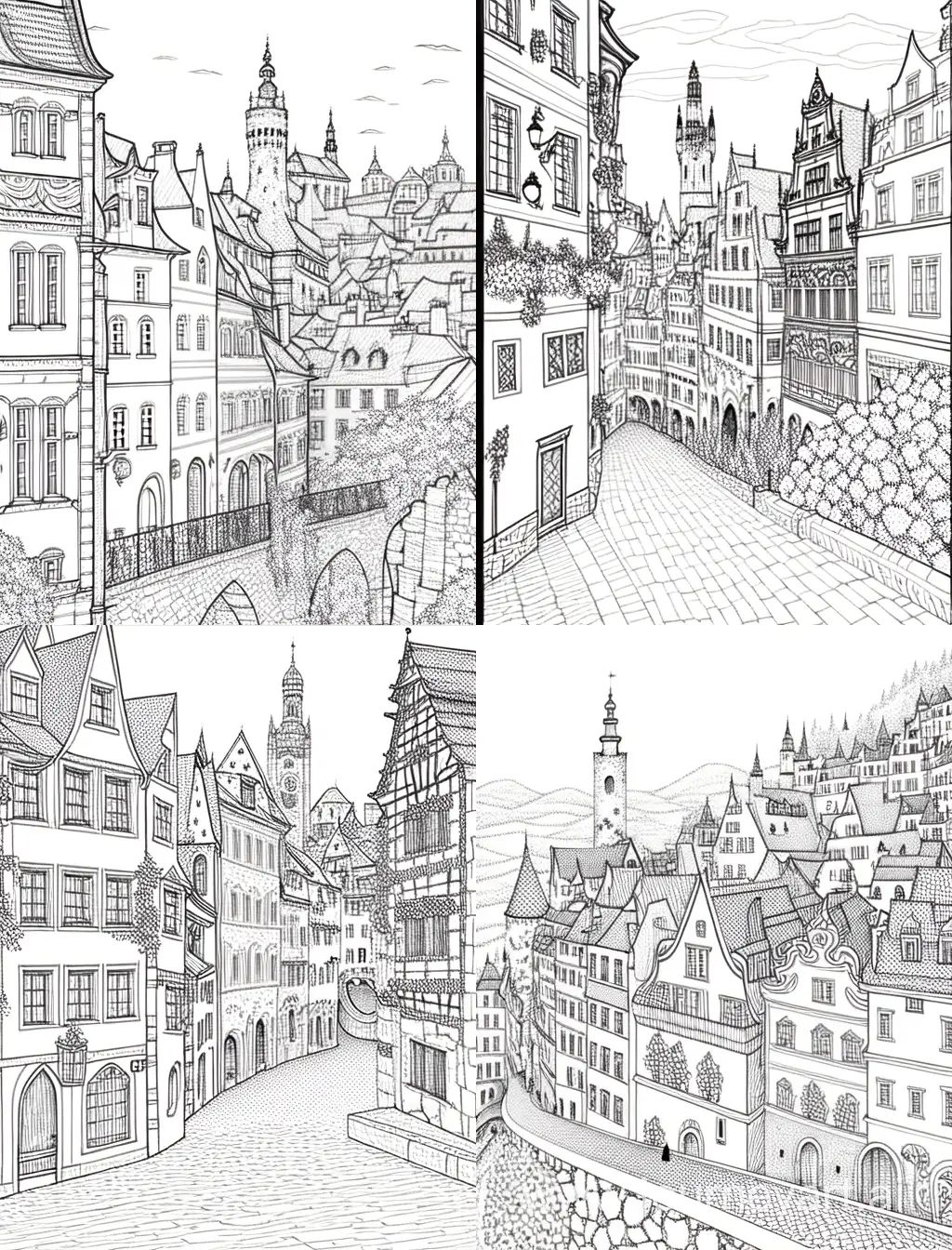  пейзаж в стиле зентангл раскраска, старый город в Европе, лайн-арт