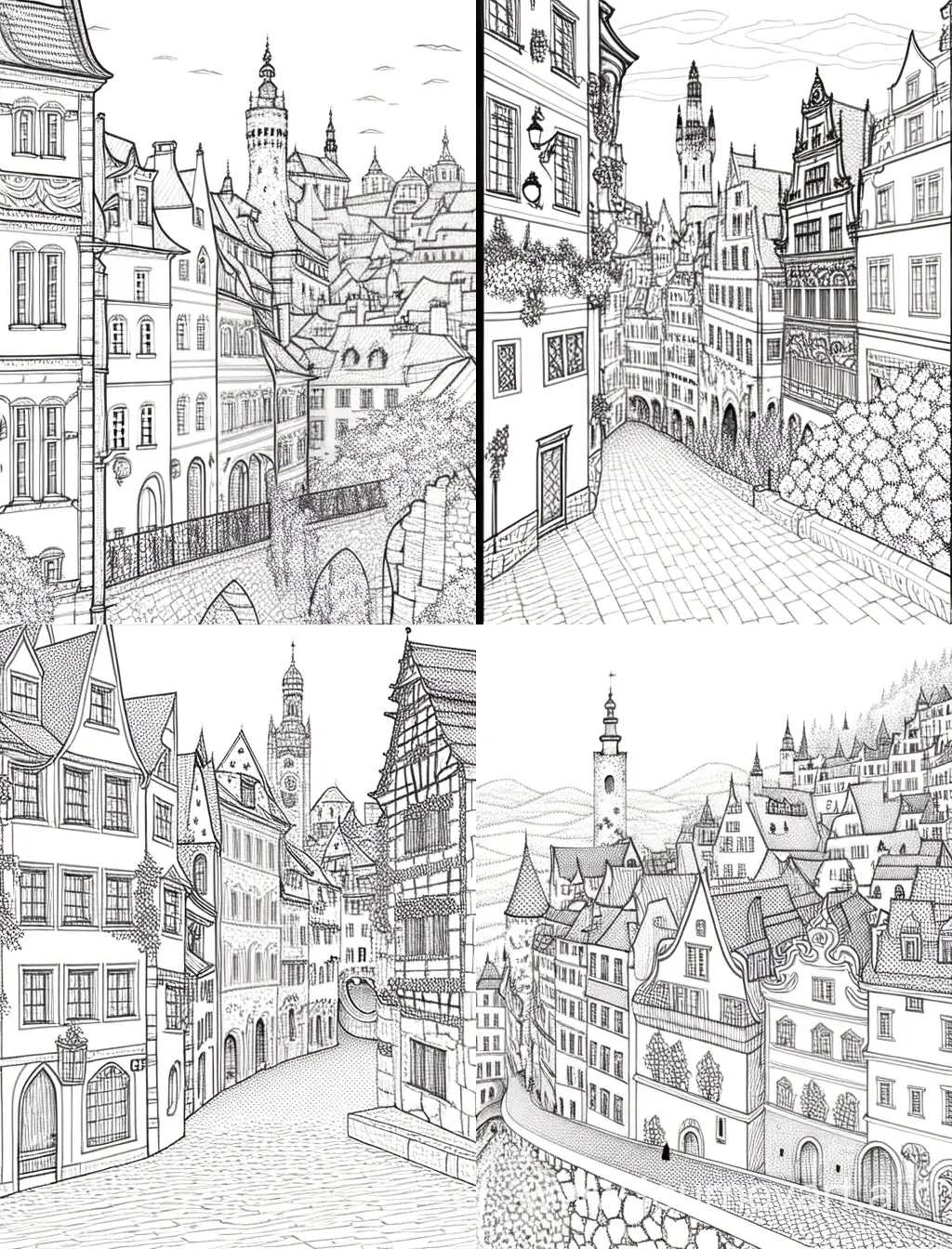 Zentangle-Style-Old-Town-European-Landscape-Art