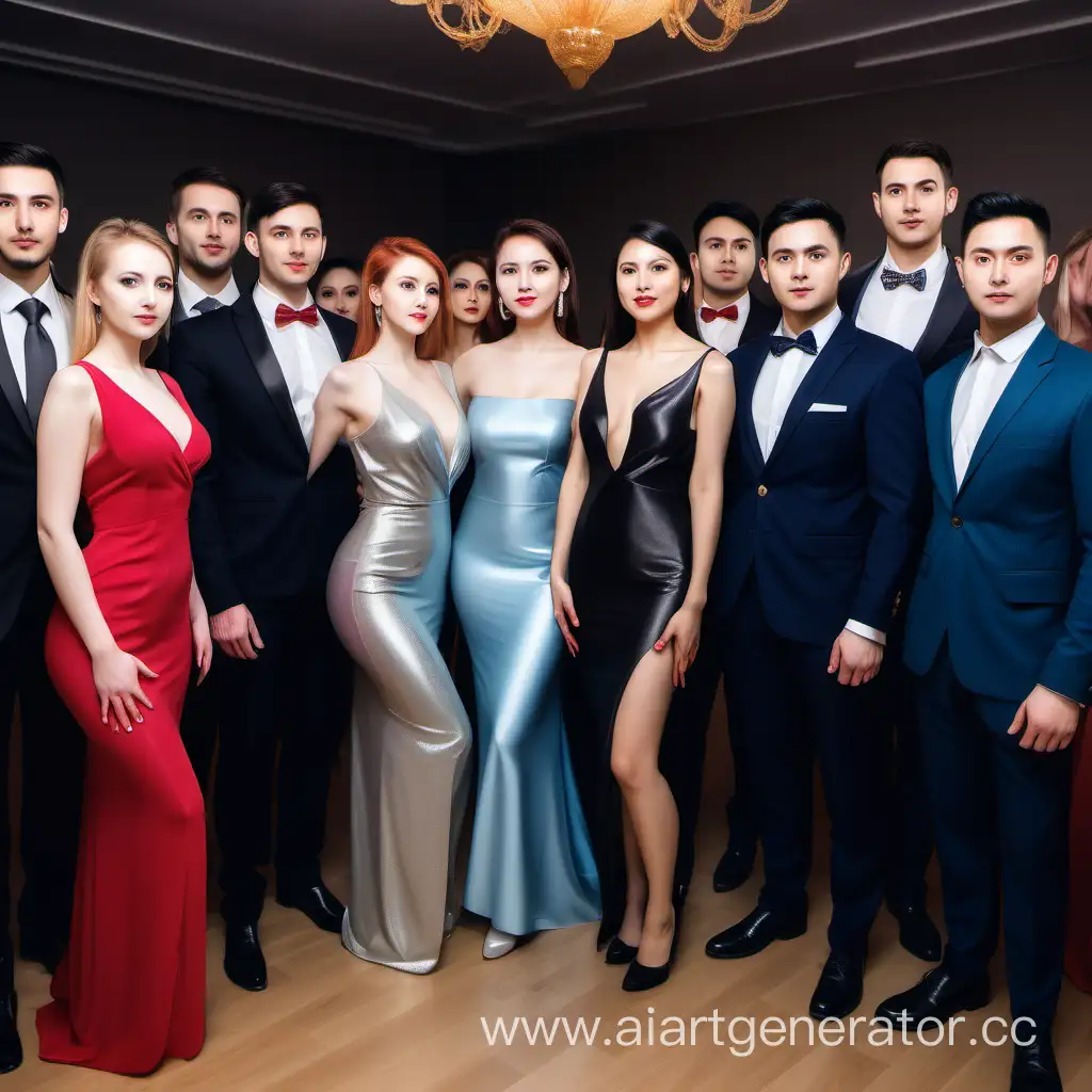 Elegant-Men-and-Women-in-Colorful-Evening-Attire-at-Stylish-Event