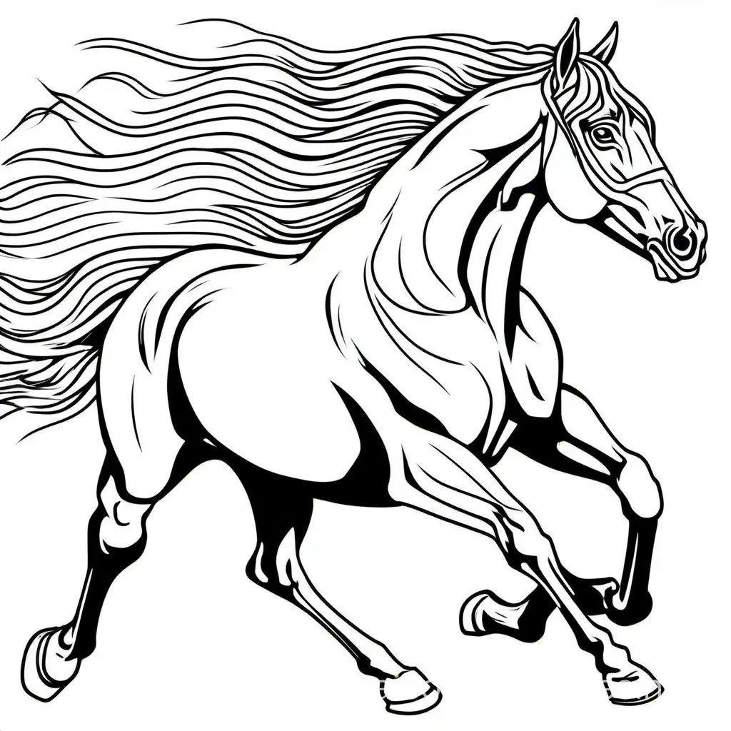 running horse, Coloring Page, black and white, line art, white background, Simplicity, Ample White Space. The background of the coloring page is plain white to make it easy for young children to color within the lines. The outlines of all the subjects are easy to distinguish, making it simple for kids to color without too much difficulty