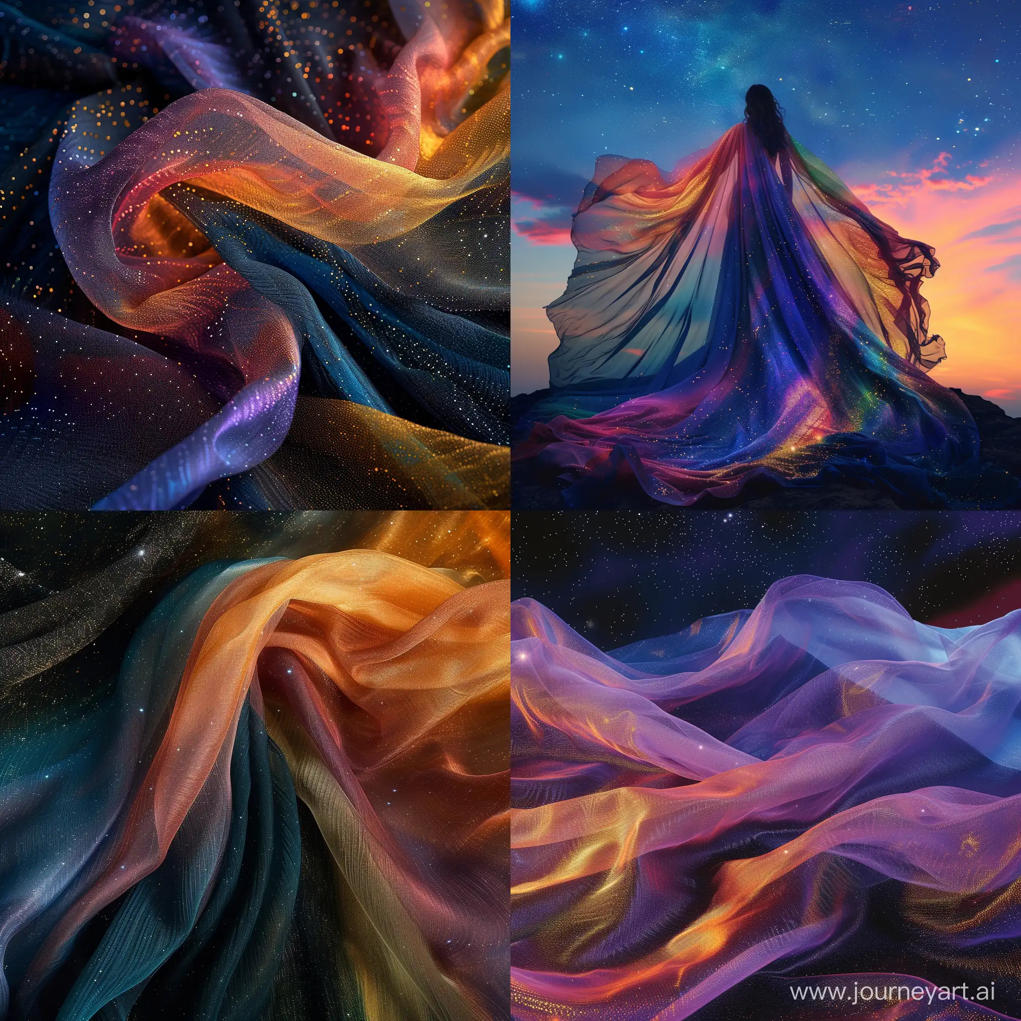 Mixed eclectic beauty in complementary colors Moiré patterns weave, Beauty in high fashion's breath, Otherworldly sheathe, starry sky at earthrise --v 6.0