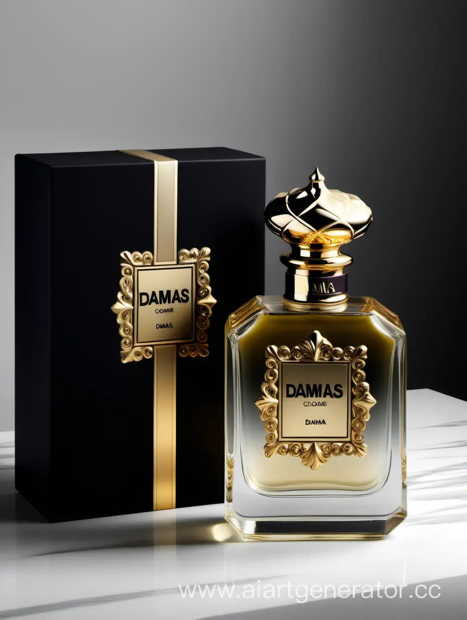 a bottle of damas cologne sitting next to a dark White box,with golden lines a Baroque dynamic luxurious composition, feminine
flemish Baroque