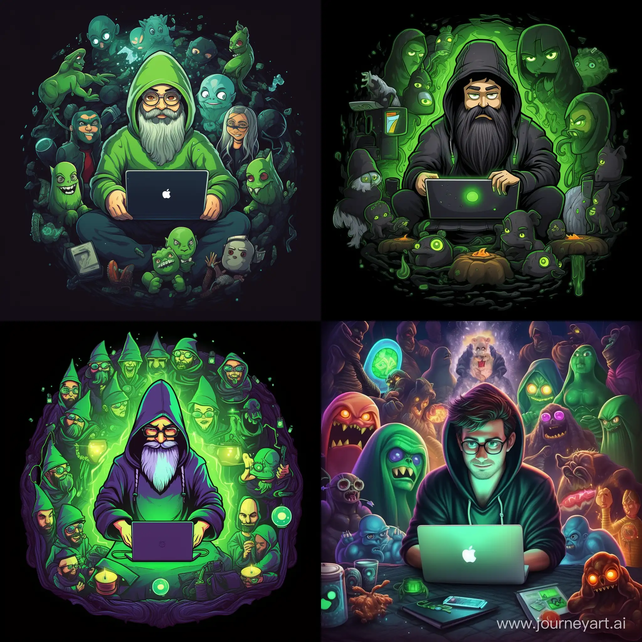 Collaborative-Wizard-Hackers-with-Cucumber-Logo-Laptops