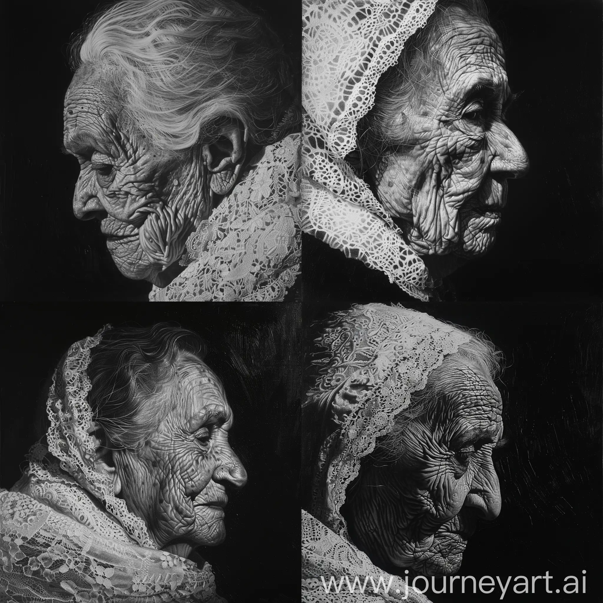black and white artistic portrait of an old woman, with a white lace scarf, done in tempera, with many wrinkles on the face, half profile, darkened face, sfumato, claire obscure, stronger light on one side of the face, dark background,