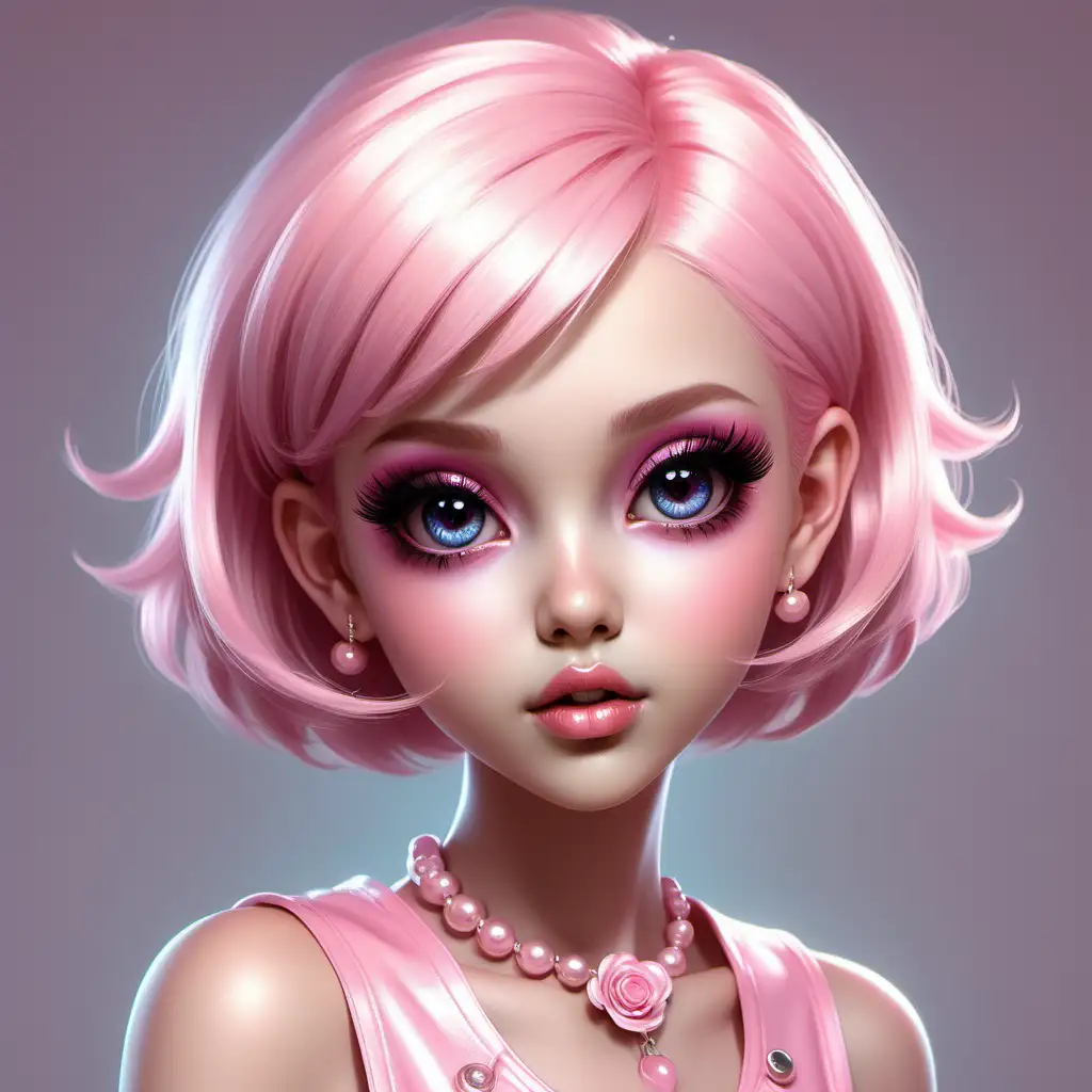 Create an enchanting beautiful very trendy style kawaii girl. in a beautiful and glamorous sleeveless pink outfit. Bob cut short hair. Beautiful details factions. Big eyes. Trendy shoes. Lip gloss. High quality. HD. no background. Thomas Kinkade style, Nadja Baxter Anne Stokes Nancy Noel --ar 4:5 --niji 5