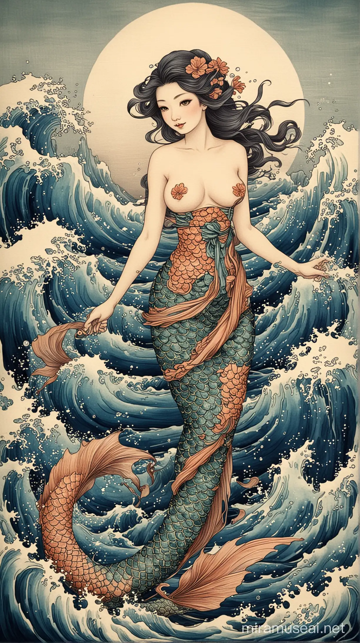 Colorful HokusaiInspired Underwater Scene with Graceful Mermaid